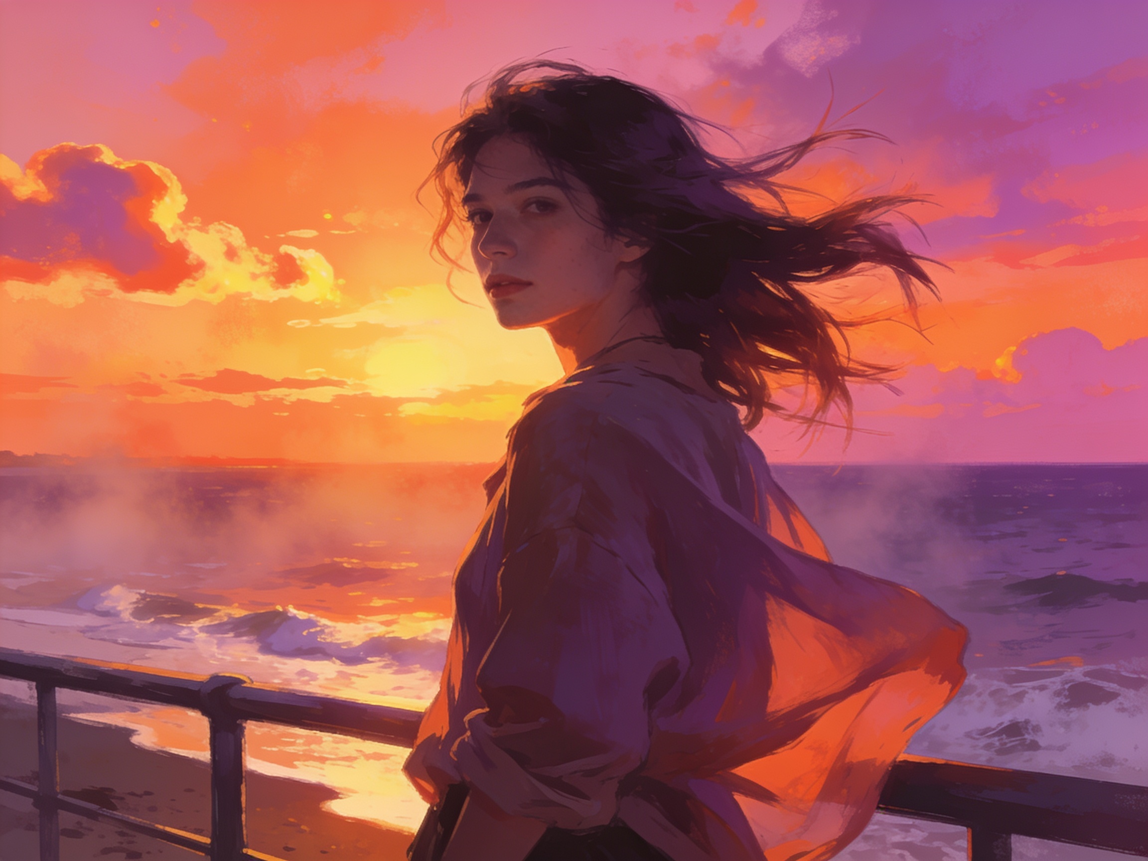 cinematic editorial illustration of a person standing at a seaside railing with hair blowing in the wind at sunset, no text