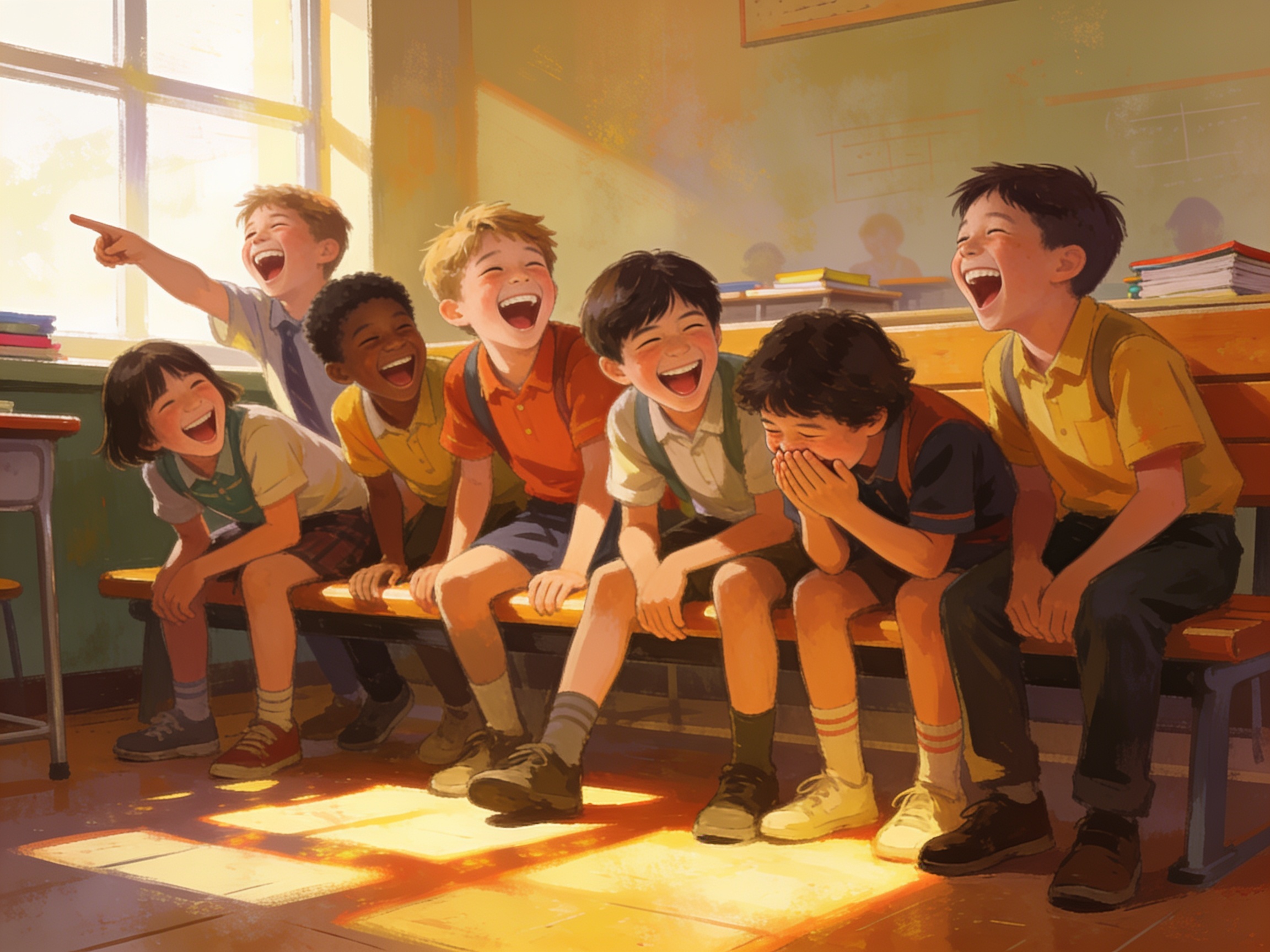 cinematic editorial illustration of a group of schoolkids bursting into laughter over an inside joke on a school bench, no text