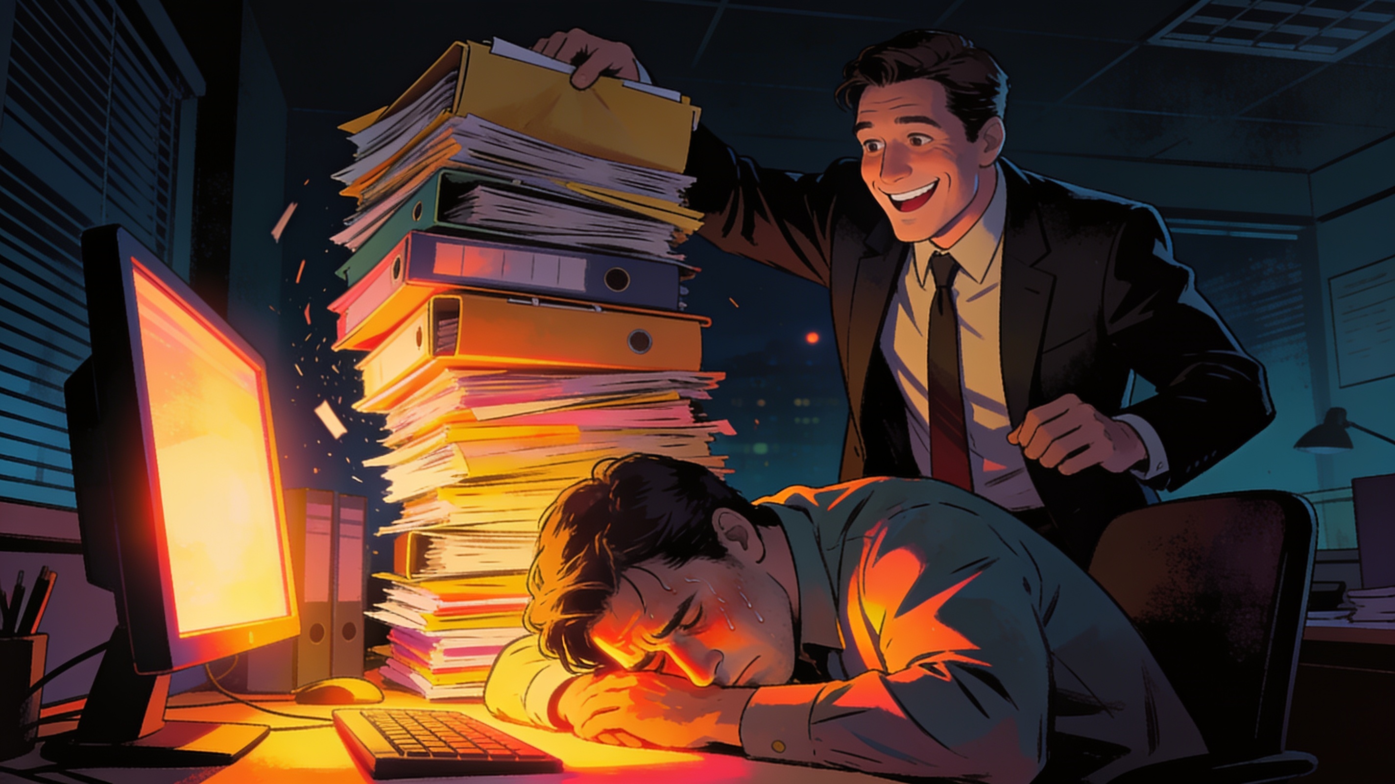 A stressed worker slumped over a glowing computer monitor late at night while a cheerful manager drops a massive stack of folders on the desk, cinematic setup.