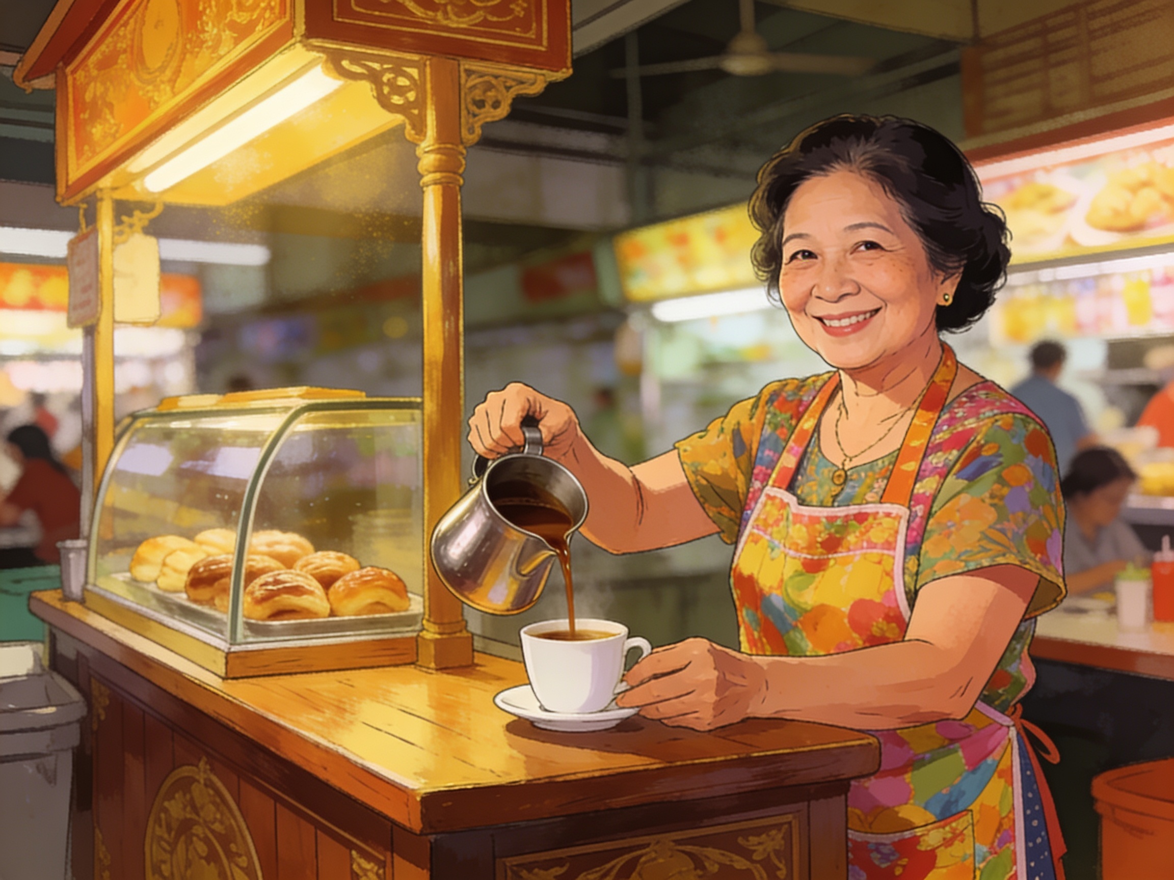 A friendly hawker auntie serving kopi from her stall
