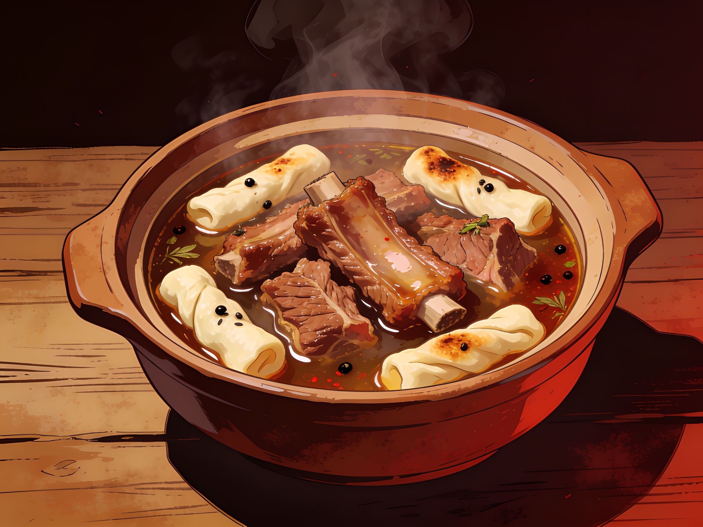 A claypot of peppery bak kut teh with pork ribs and dough sticks