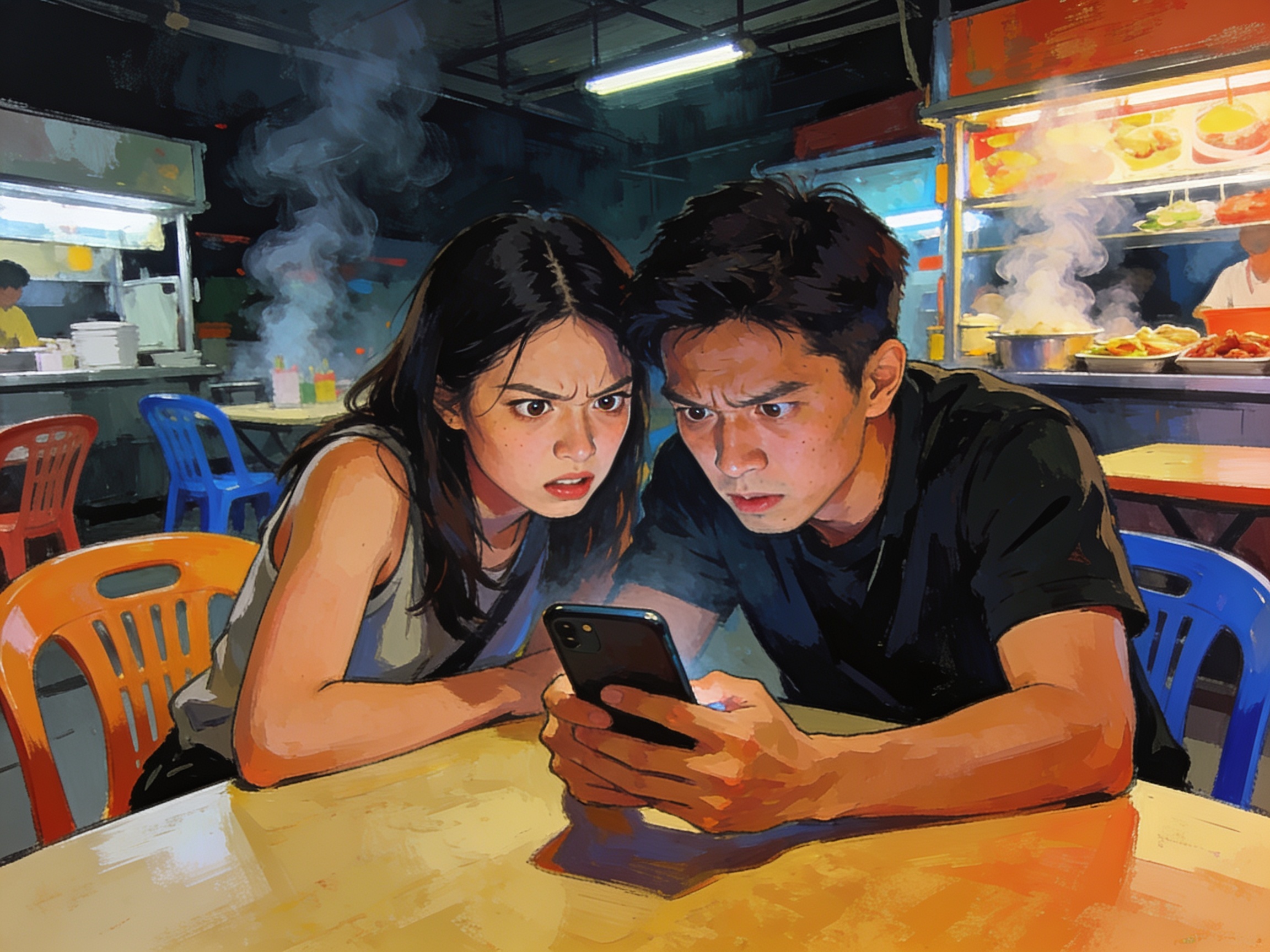 A friend looking at Instagram stories jealously in a hawker centre