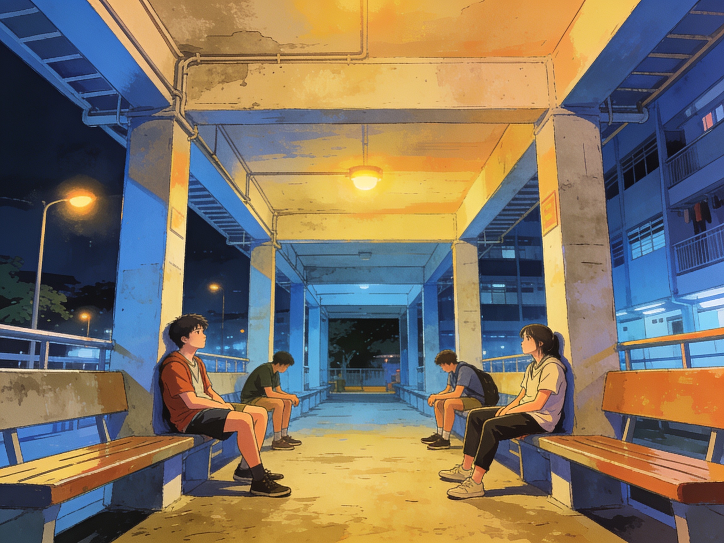 Teenagers lounging on an HDB void deck at night with nothing to do