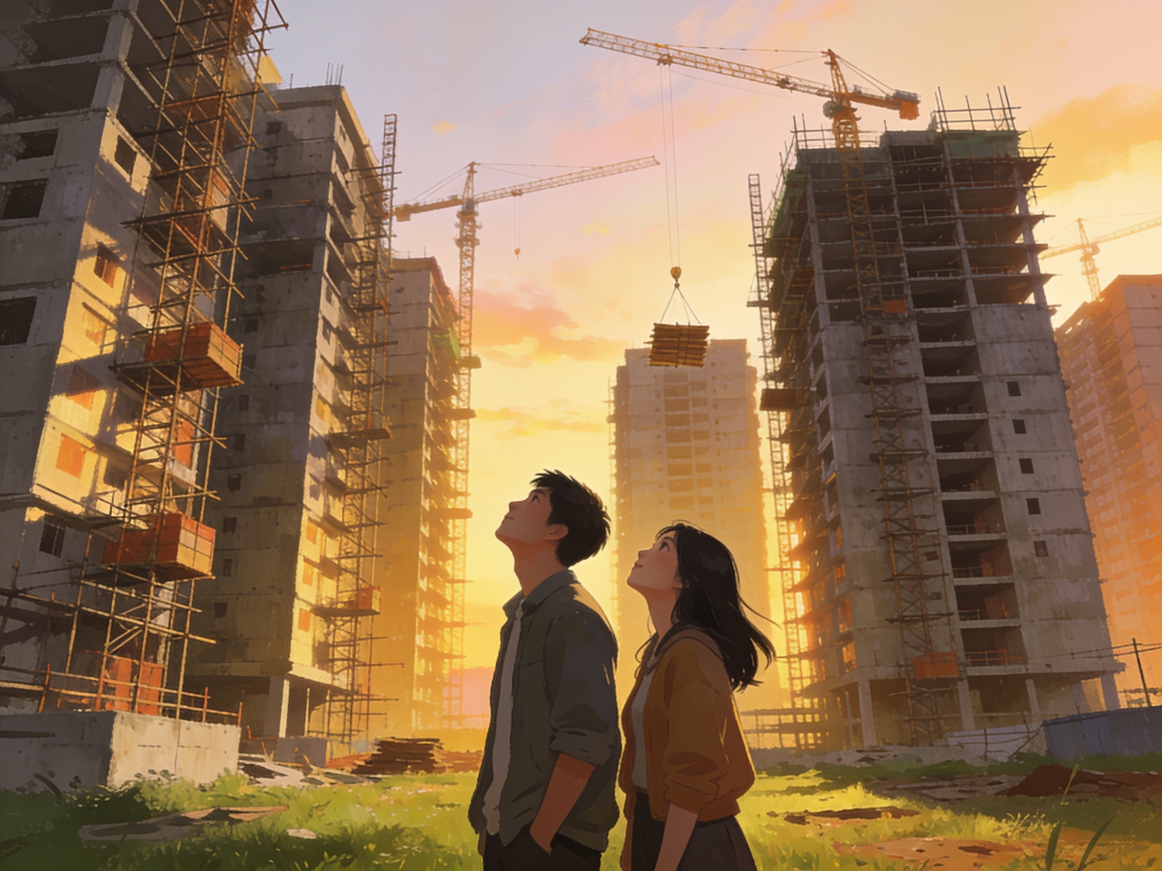 cinematic editorial illustration of a young couple looking up admiringly at a cluster of new public housing towers under construction, no text