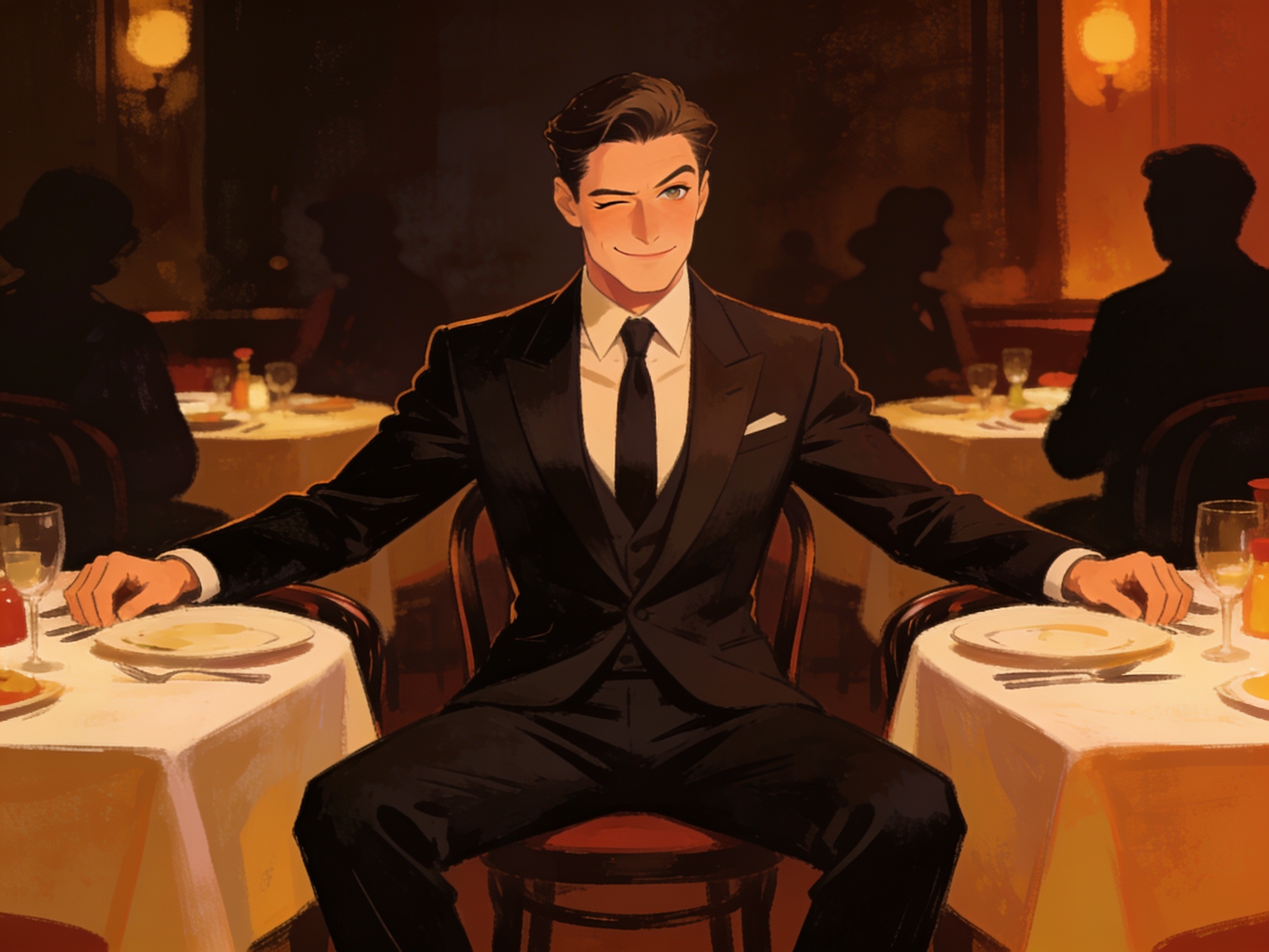 cinematic editorial illustration of a stylish figure winking charmingly at multiple tables in a dim restaurant, satirical mood, no text