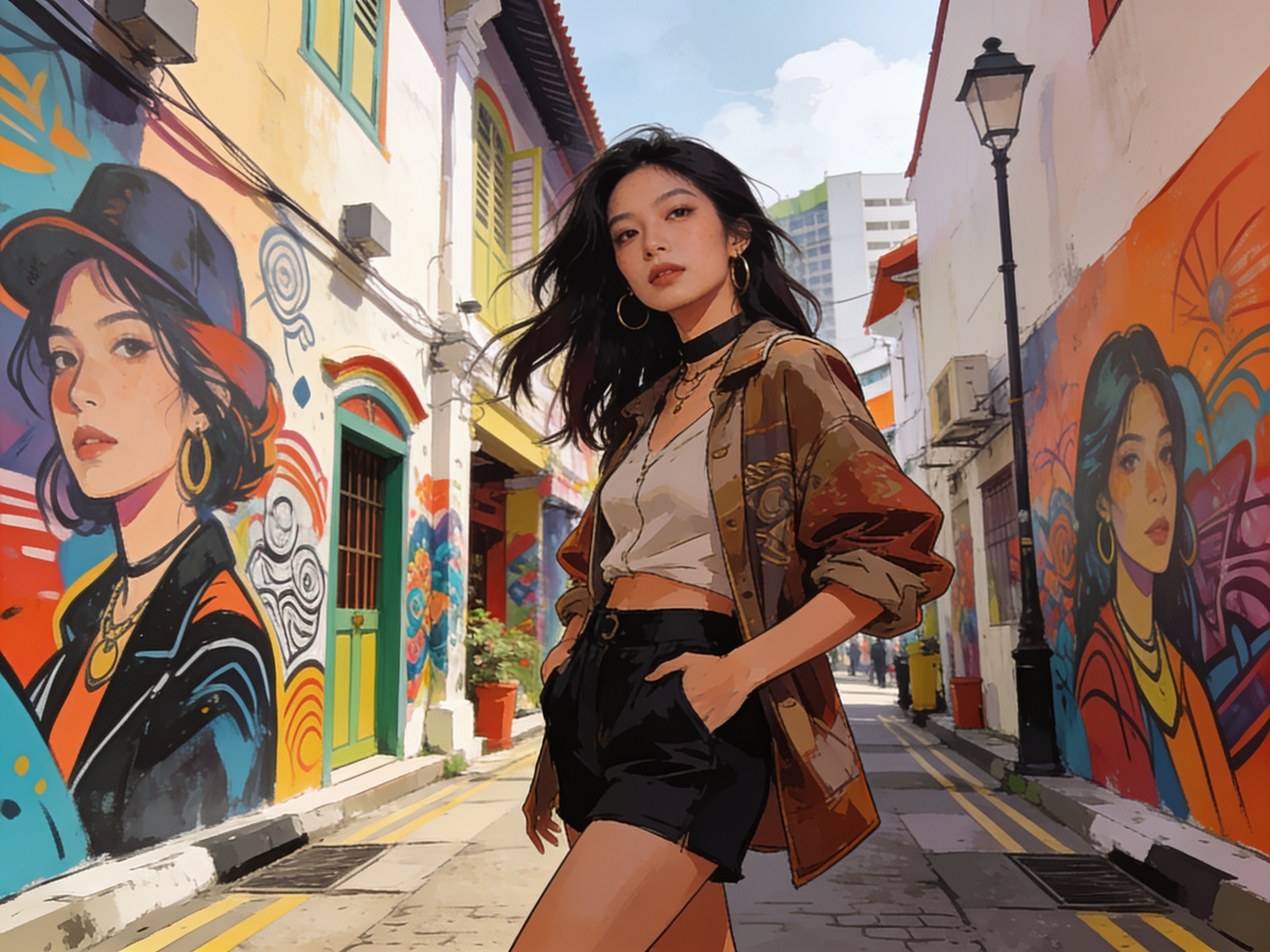A stylish young woman posing on Haji Lane with colourful murals
