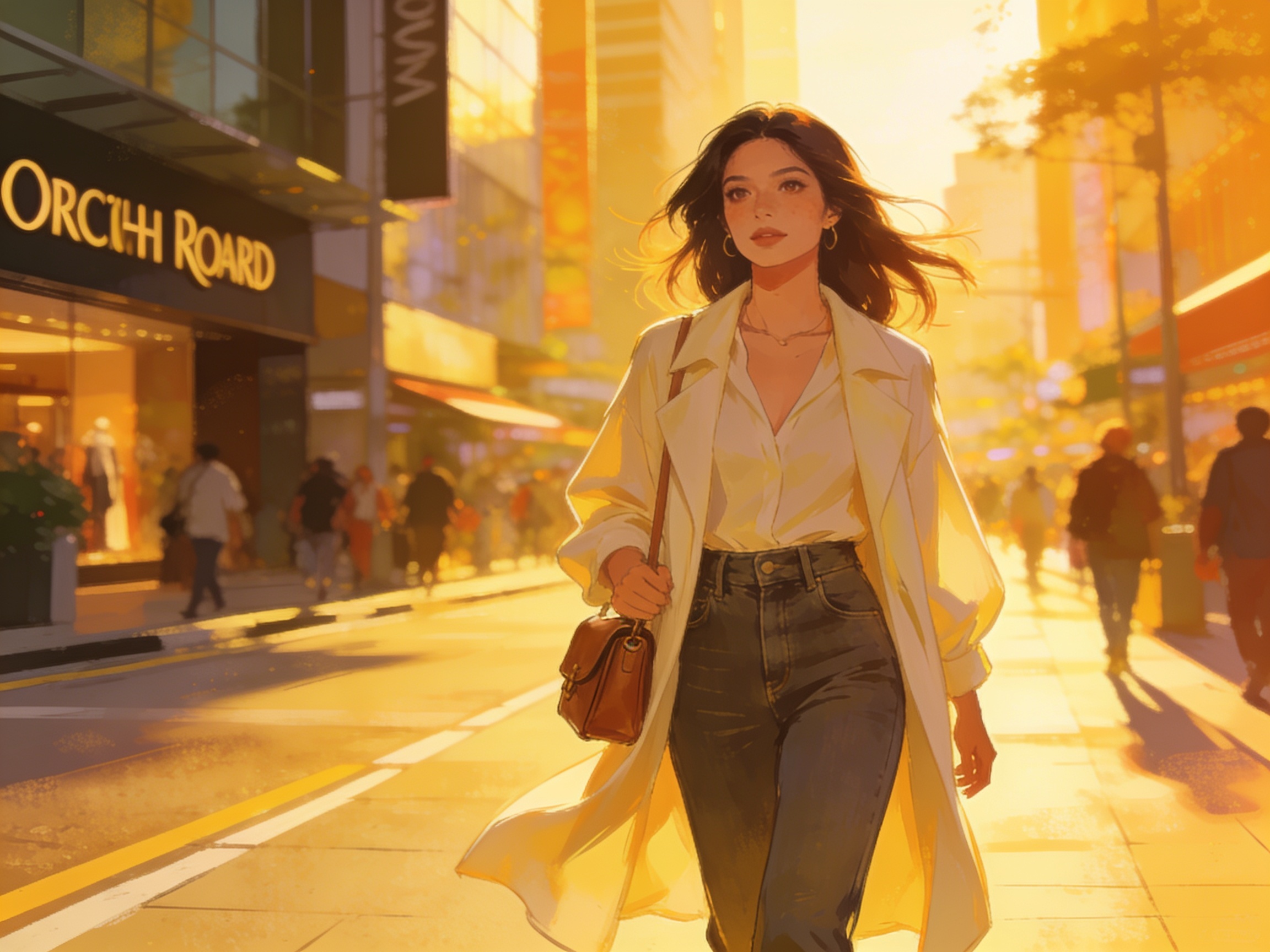A stylish young woman walking through Orchard Road at golden hour