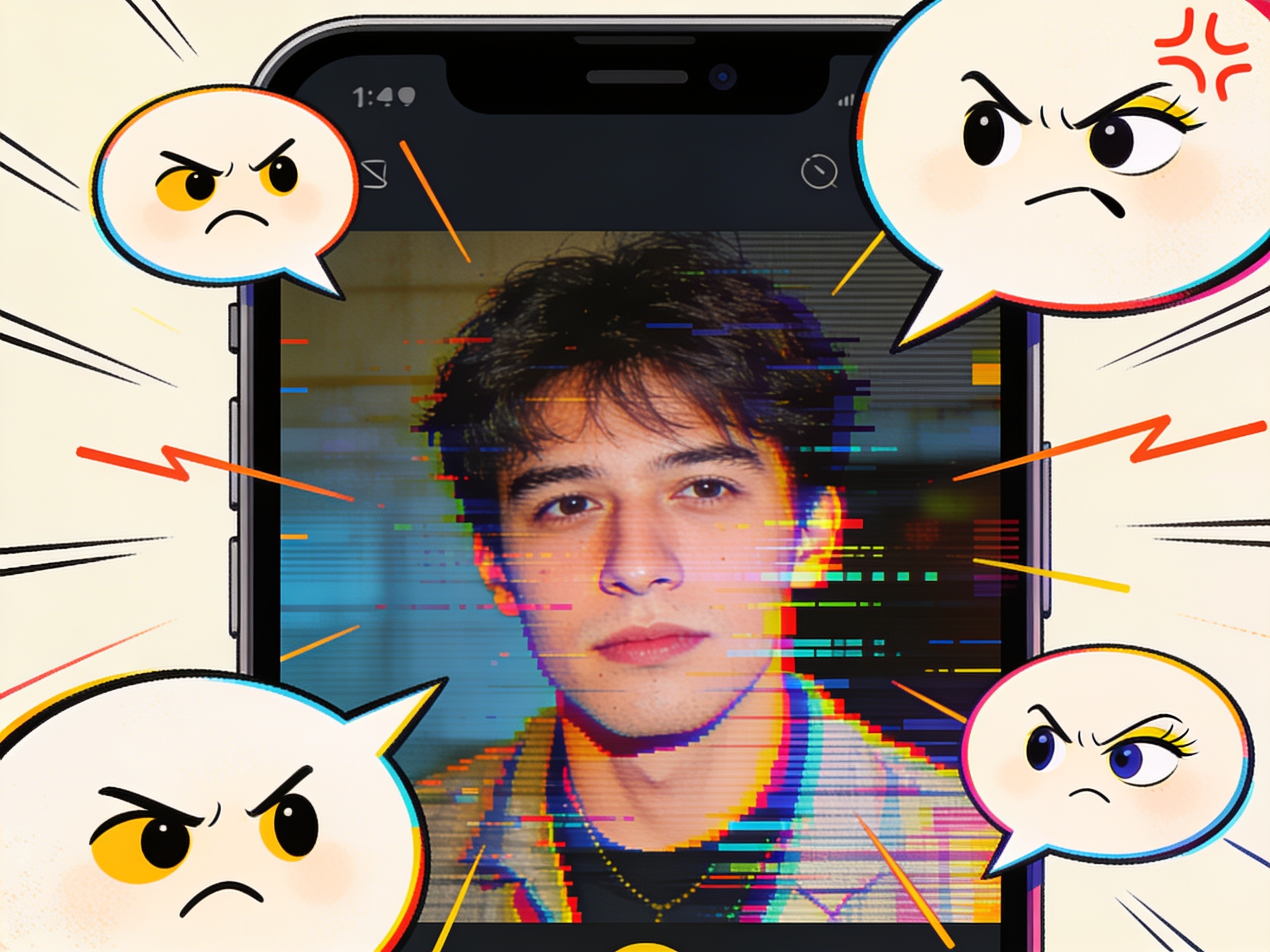 cinematic editorial illustration of a phone screen showing a photo getting harshly rated with comment bubbles, stylised, no text