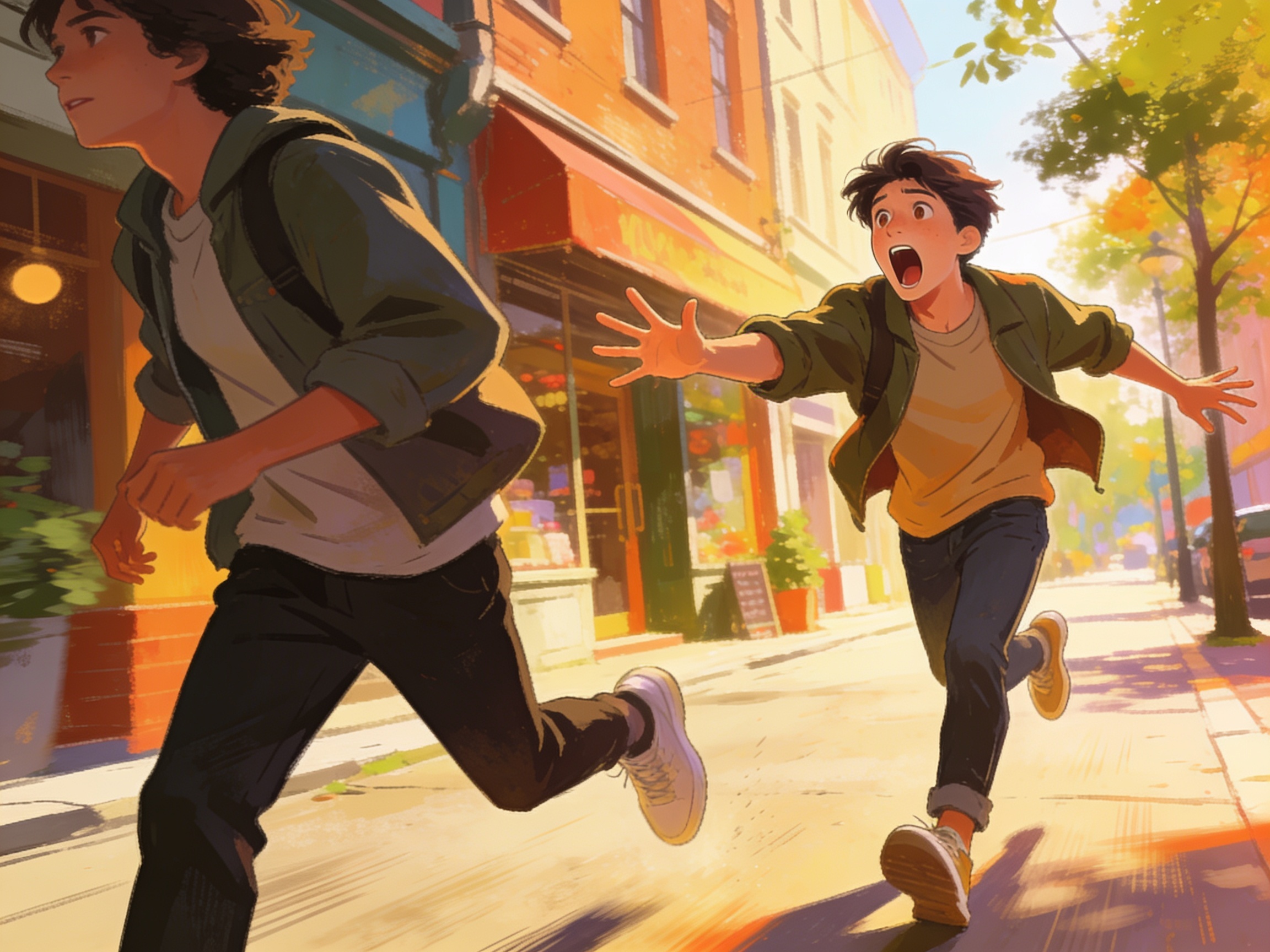 cinematic editorial illustration of a friend calling out and jogging to catch up with another walking ahead on a street, no text