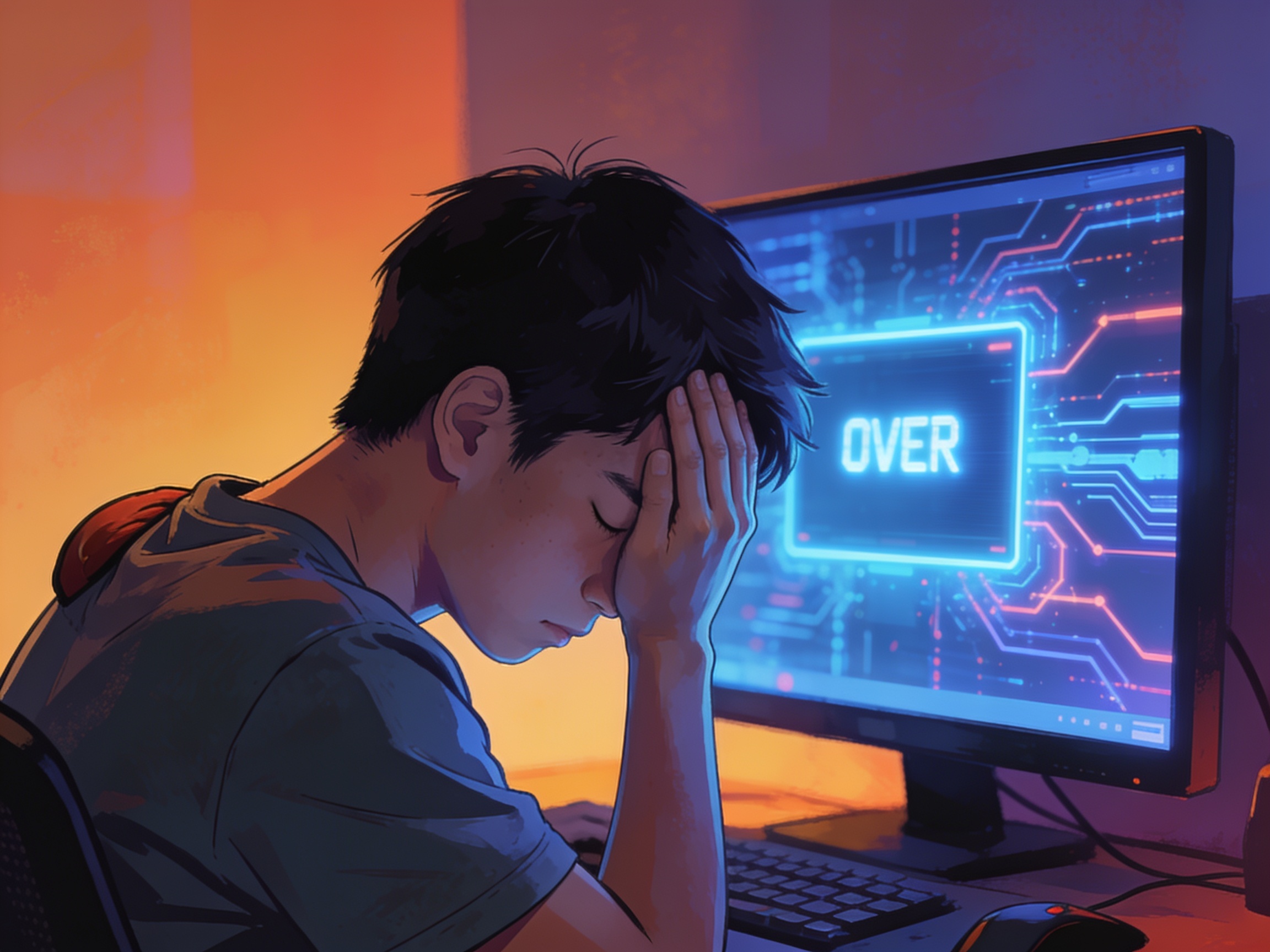 A young Singaporean gamer facepalming in front of a monitor