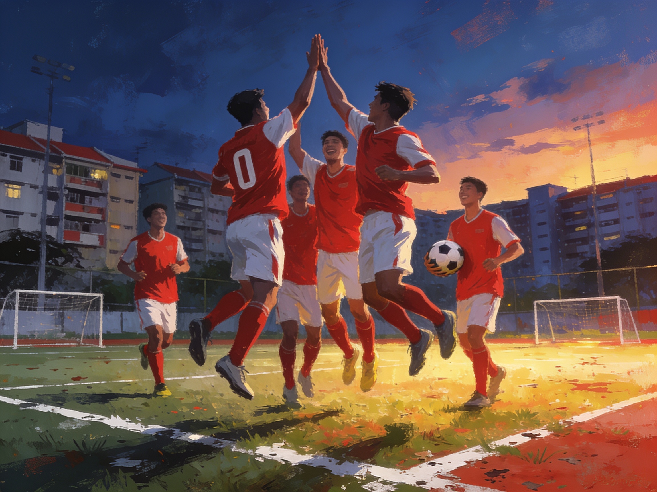 Football players celebrating a big win at a Singapore heartland football court