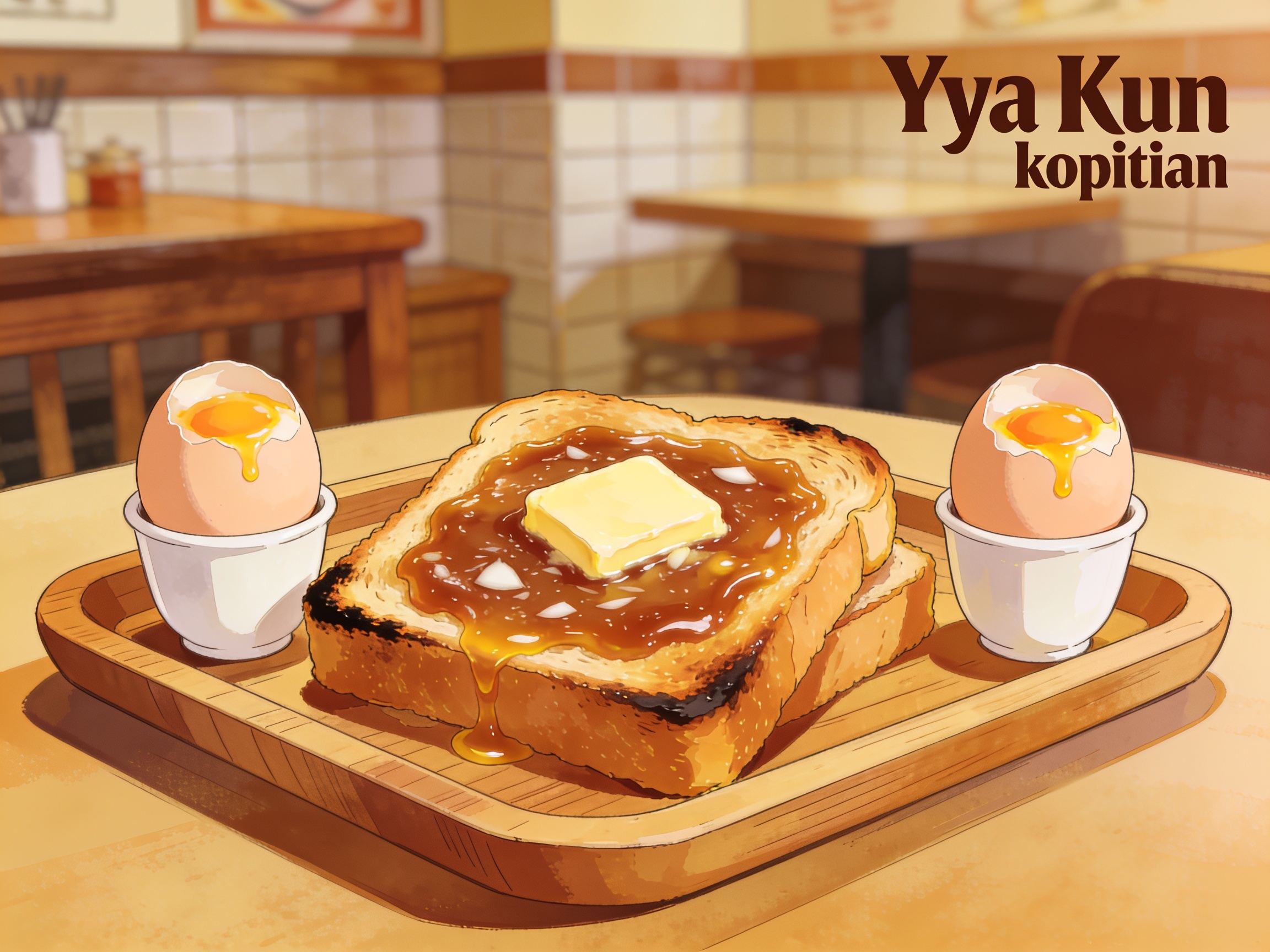 A tray of kaya toast with butter and soft-boiled eggs at a Ya Kun kopitiam