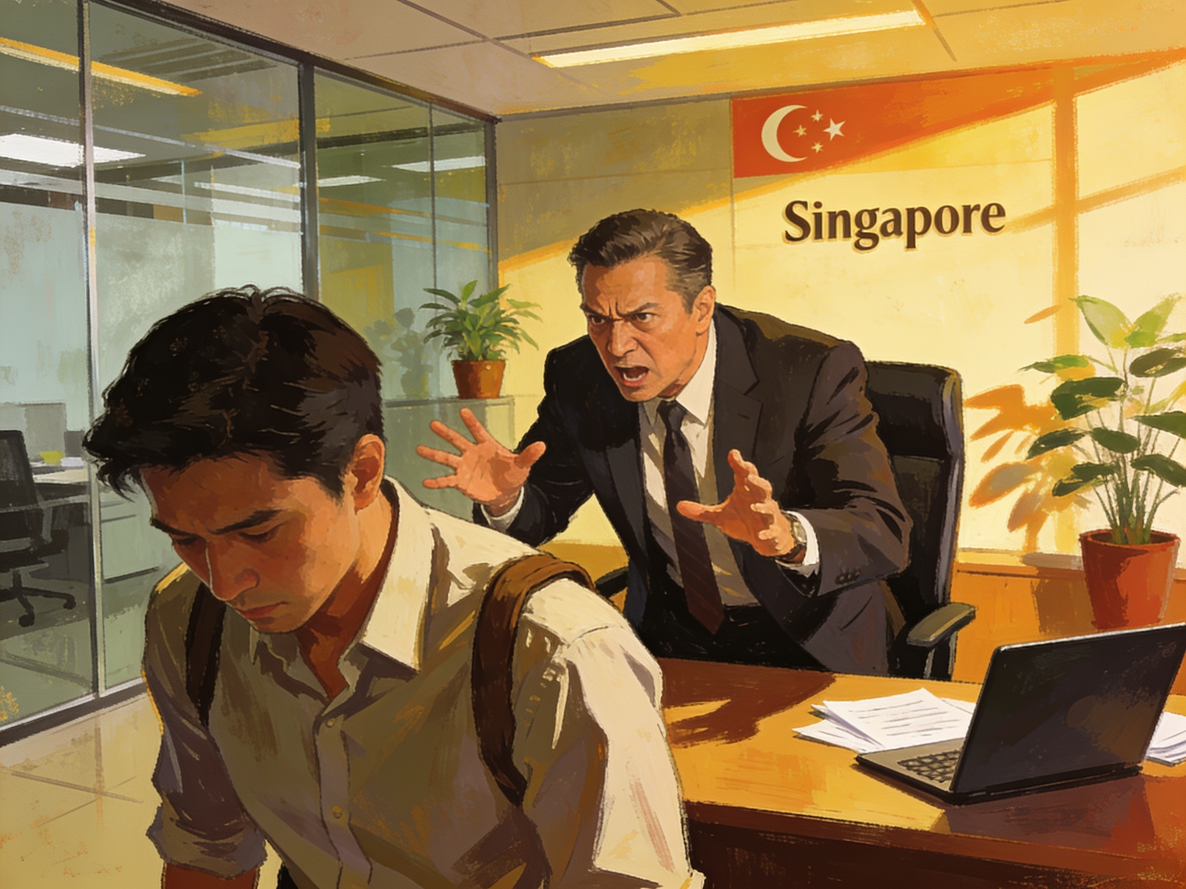An office worker being scolded by his boss in a Singapore office