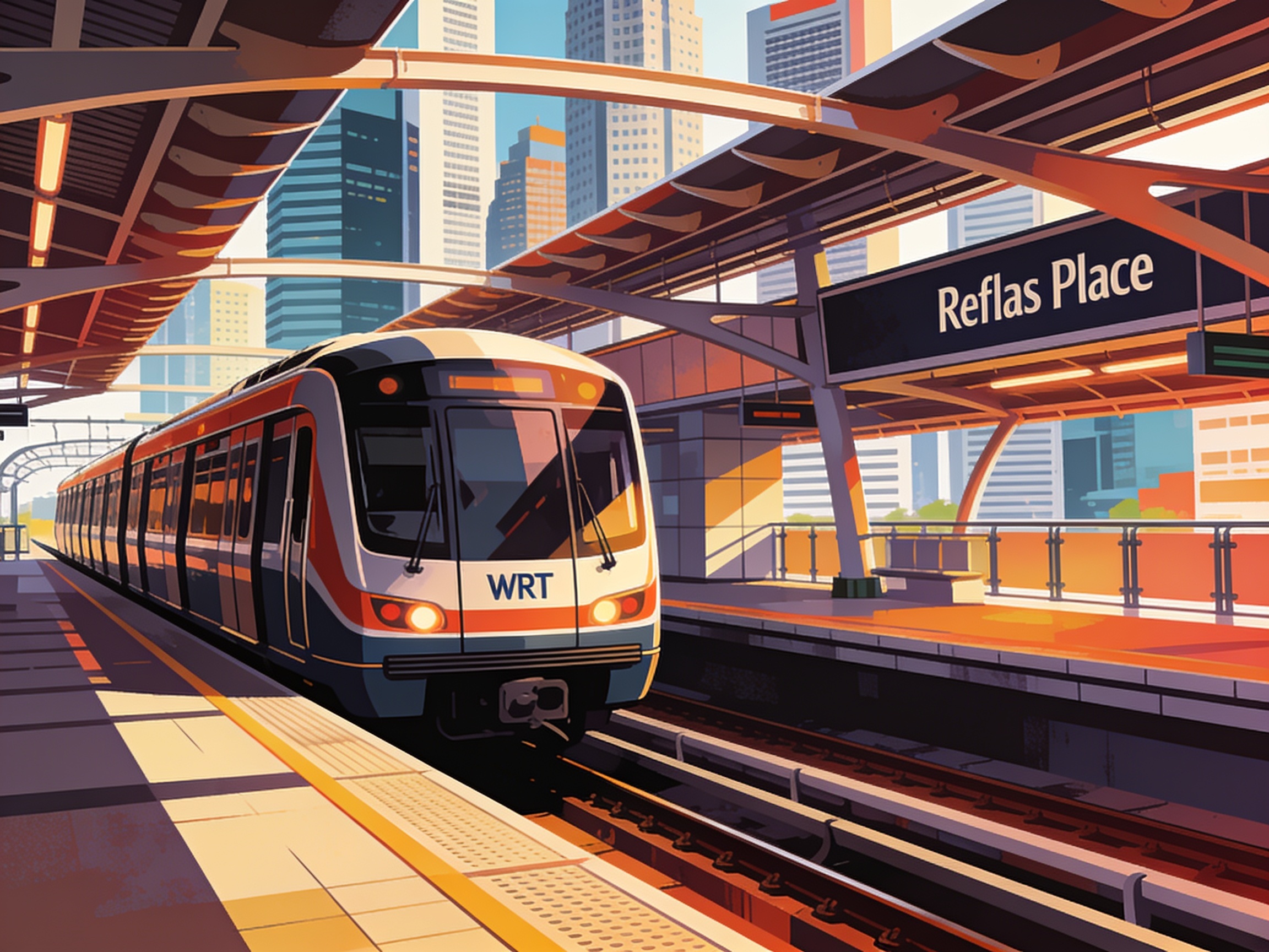 A sleek MRT train pulling into Raffles Place station