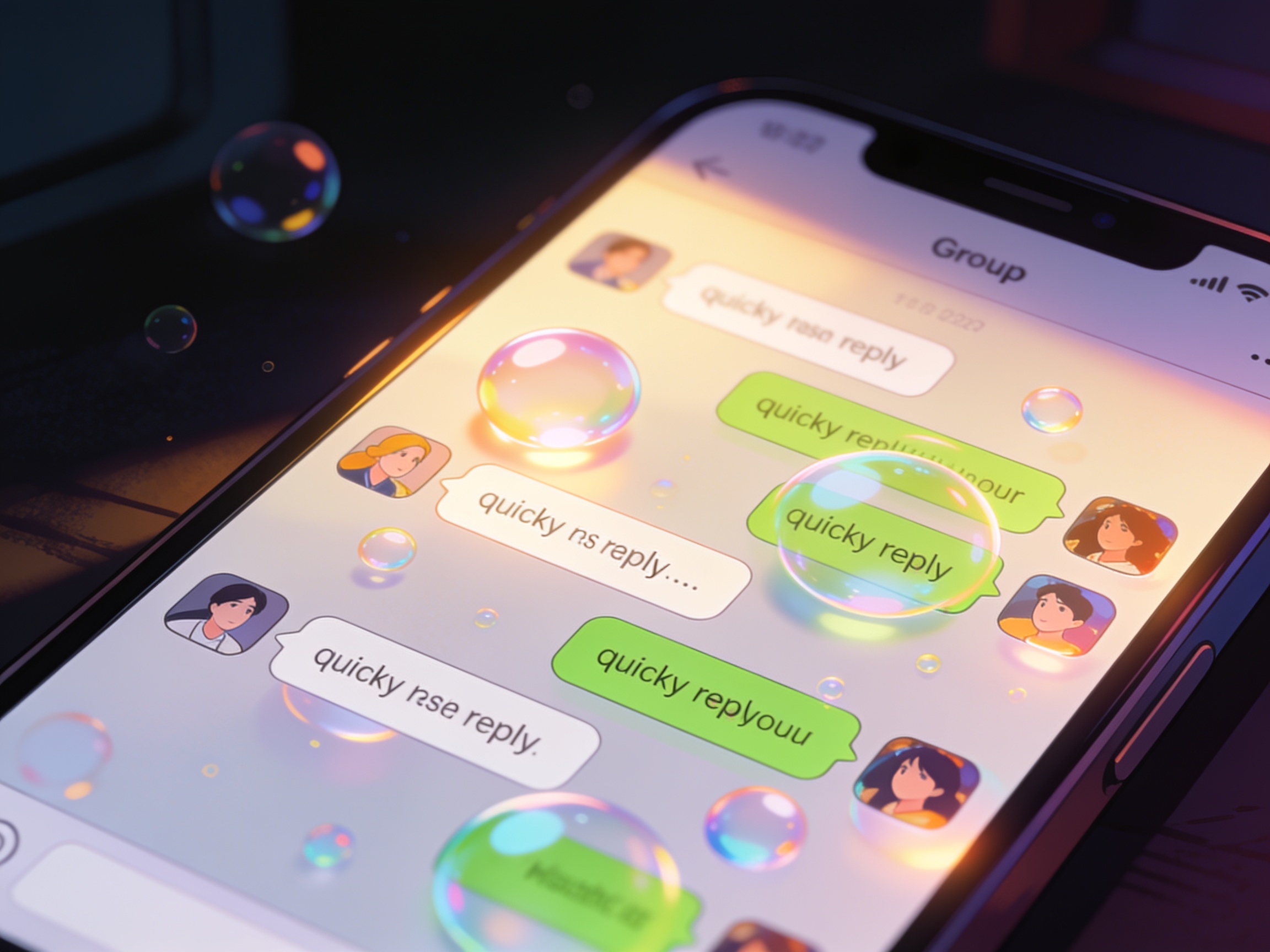 cinematic editorial illustration of a smartphone group chat screen glowing with quick reply bubbles in a dark room, no text