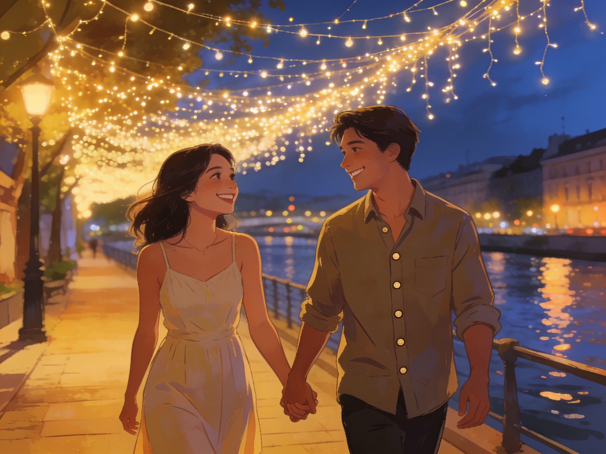 A smiling young couple holding hands and walking under fairy lights along a picturesque river promenade at night, romantic mood, cinematic lighting.