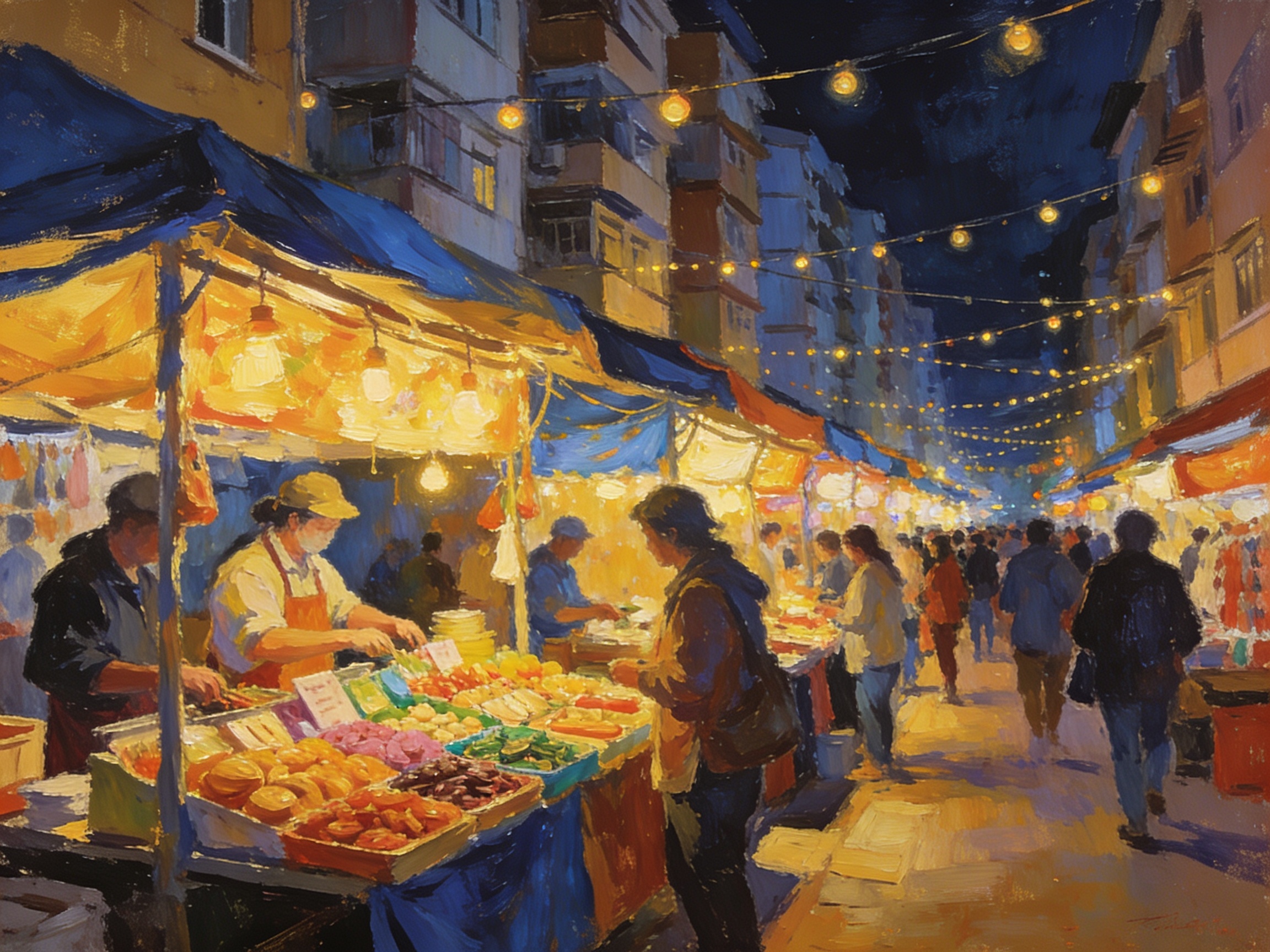 cinematic editorial illustration of a bustling row of illuminated night market stalls along a housing estate street, no text
