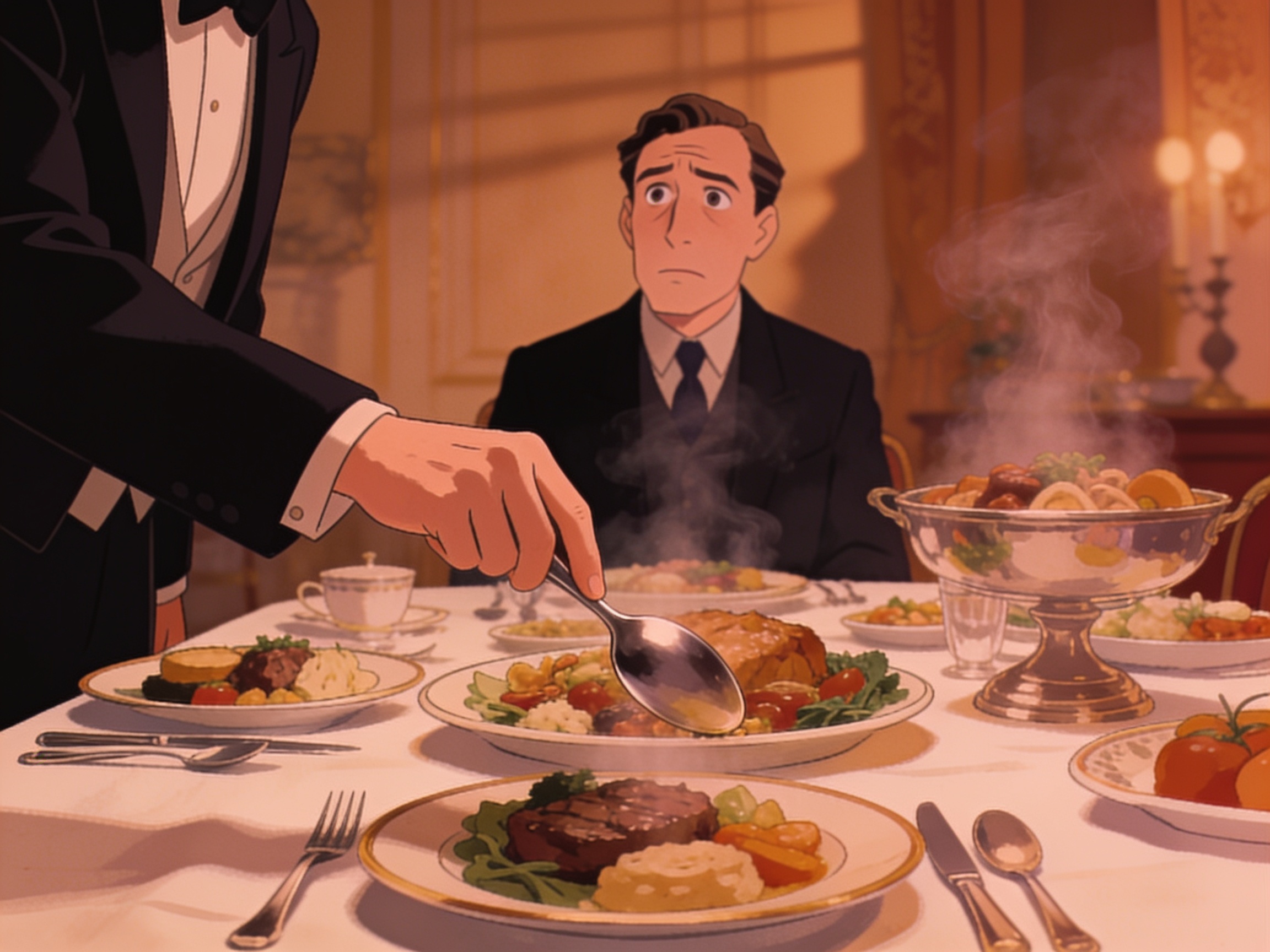 cinematic editorial illustration of a polite guest hesitating over a serving spoon at a generously laid dinner table, no text