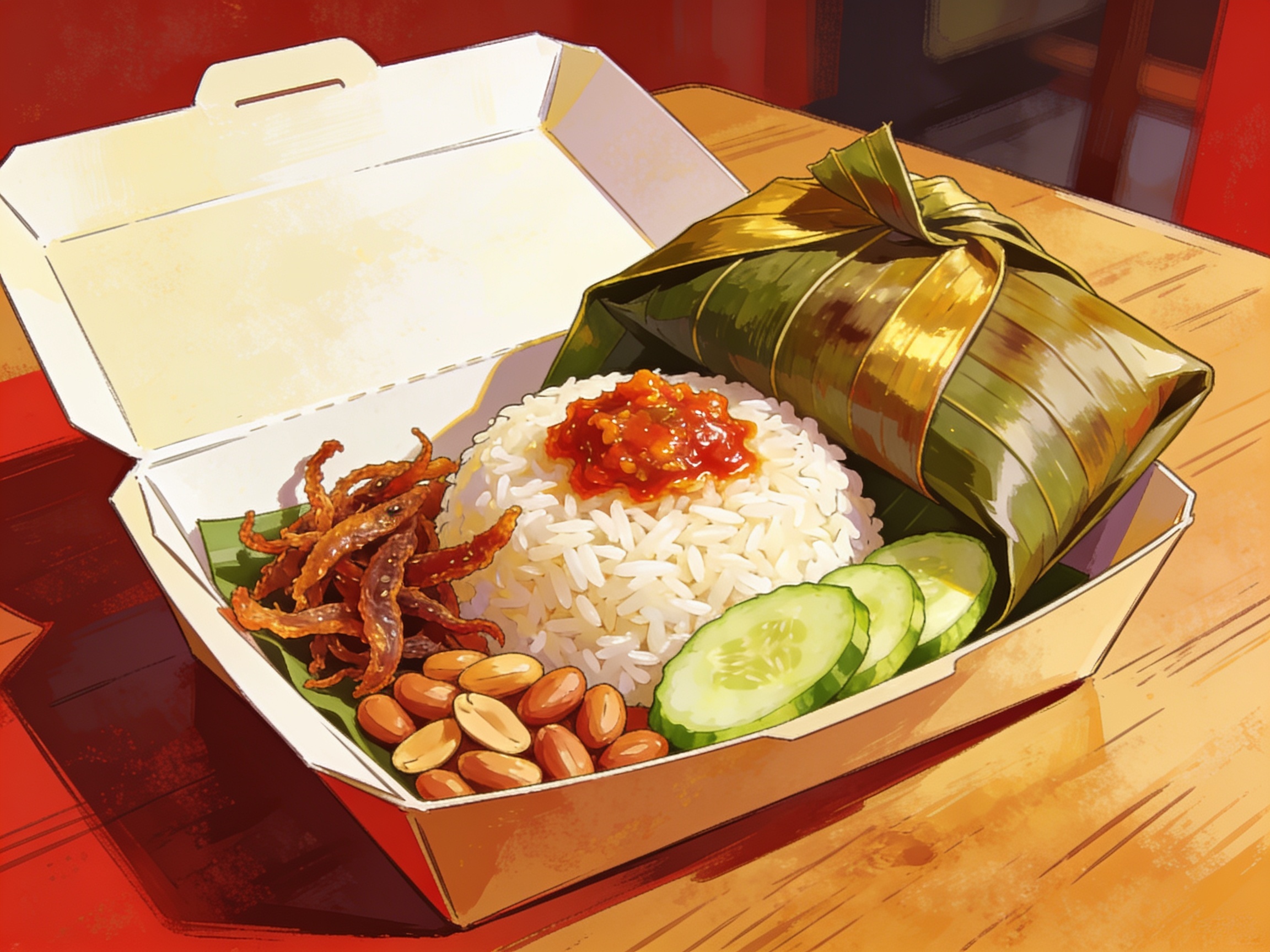 Nasi lemak packaged for takeaway