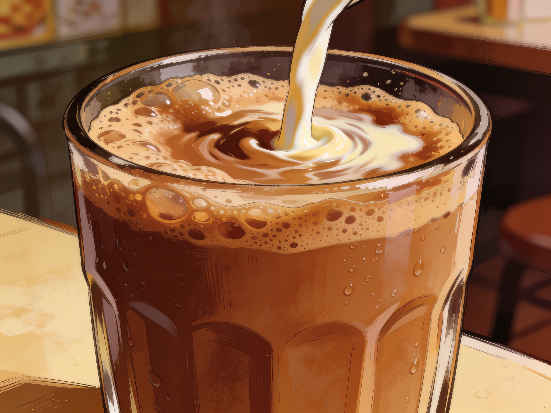 A frothy pulled teh tarik in a heritage kopitiam glass