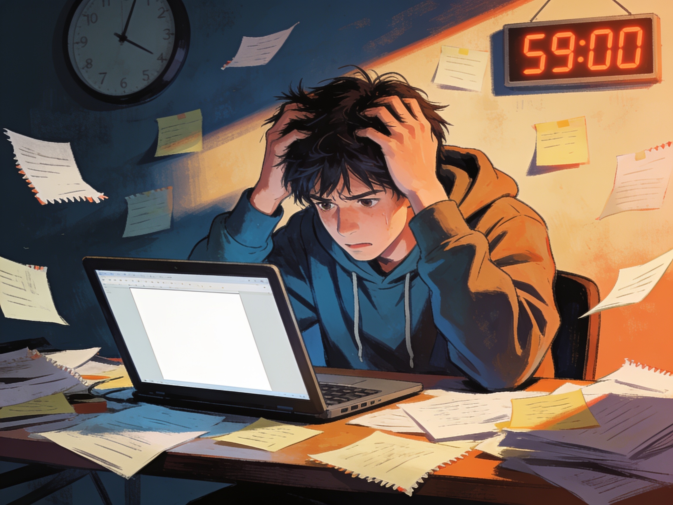 cinematic editorial illustration of a student surrounded by scattered notes, gripping their hair in mock despair before a deadline, no text