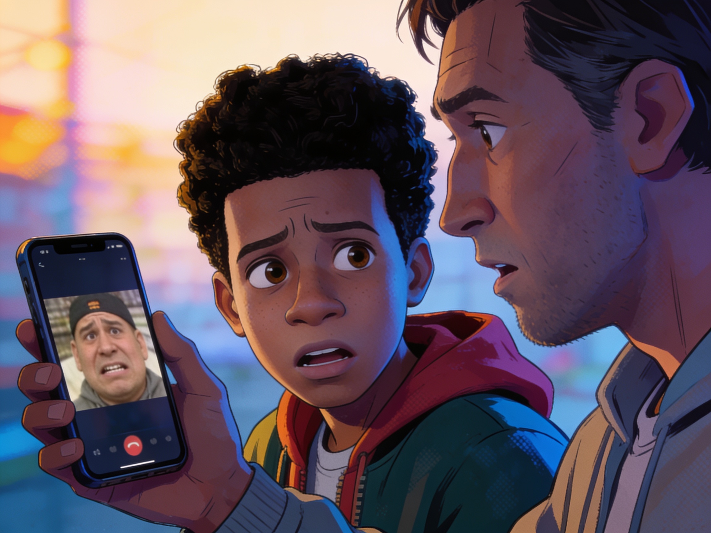 cinematic editorial illustration of a young person looking baffled at a meme on a phone screen held up by a slightly older friend, no text