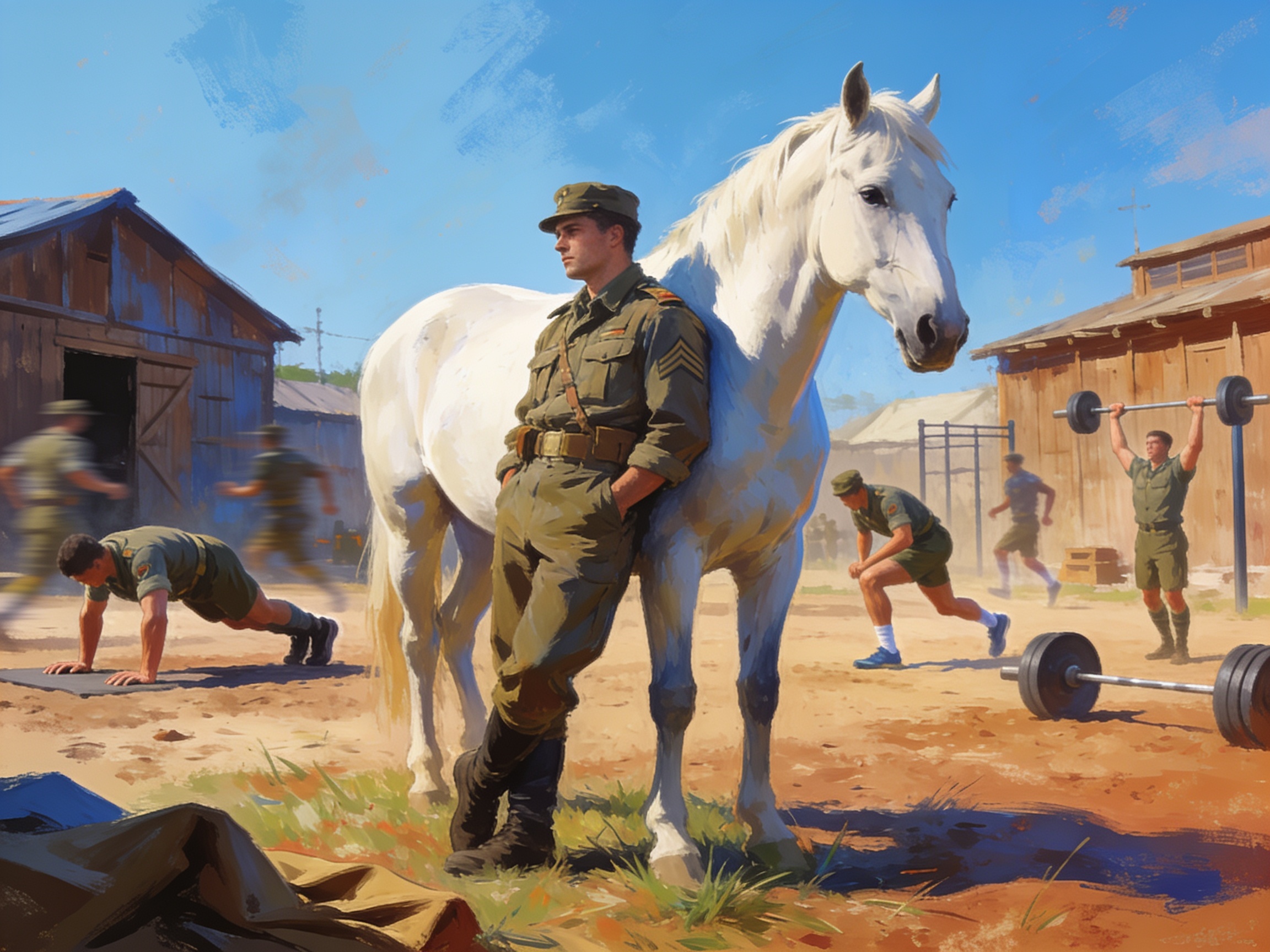 cinematic editorial illustration of one soldier standing apart, unbothered, while others perform physical training in the background, no text