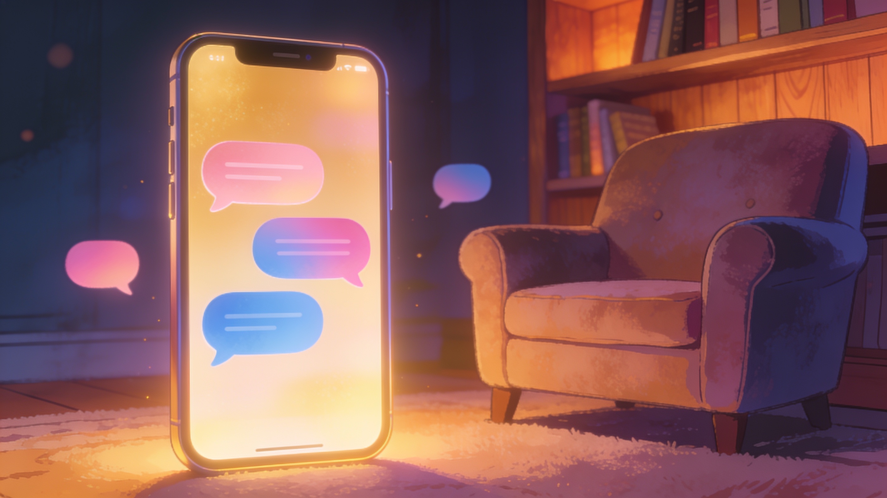 Cinematic illustration of a glowing phone screen showing a chat exchange displaying friendly speech bubbles in a cozy room.