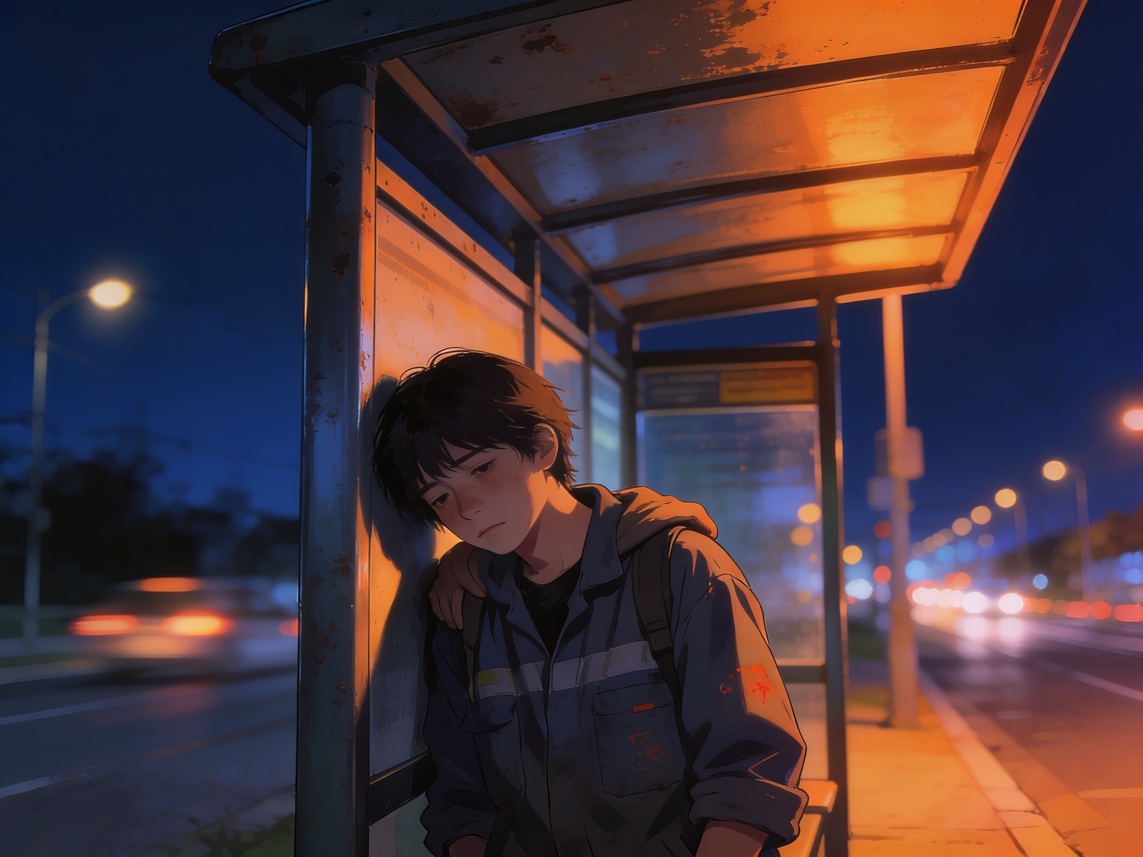 cinematic editorial illustration of a tired young person leaning against a bus stop shelter at night, no text