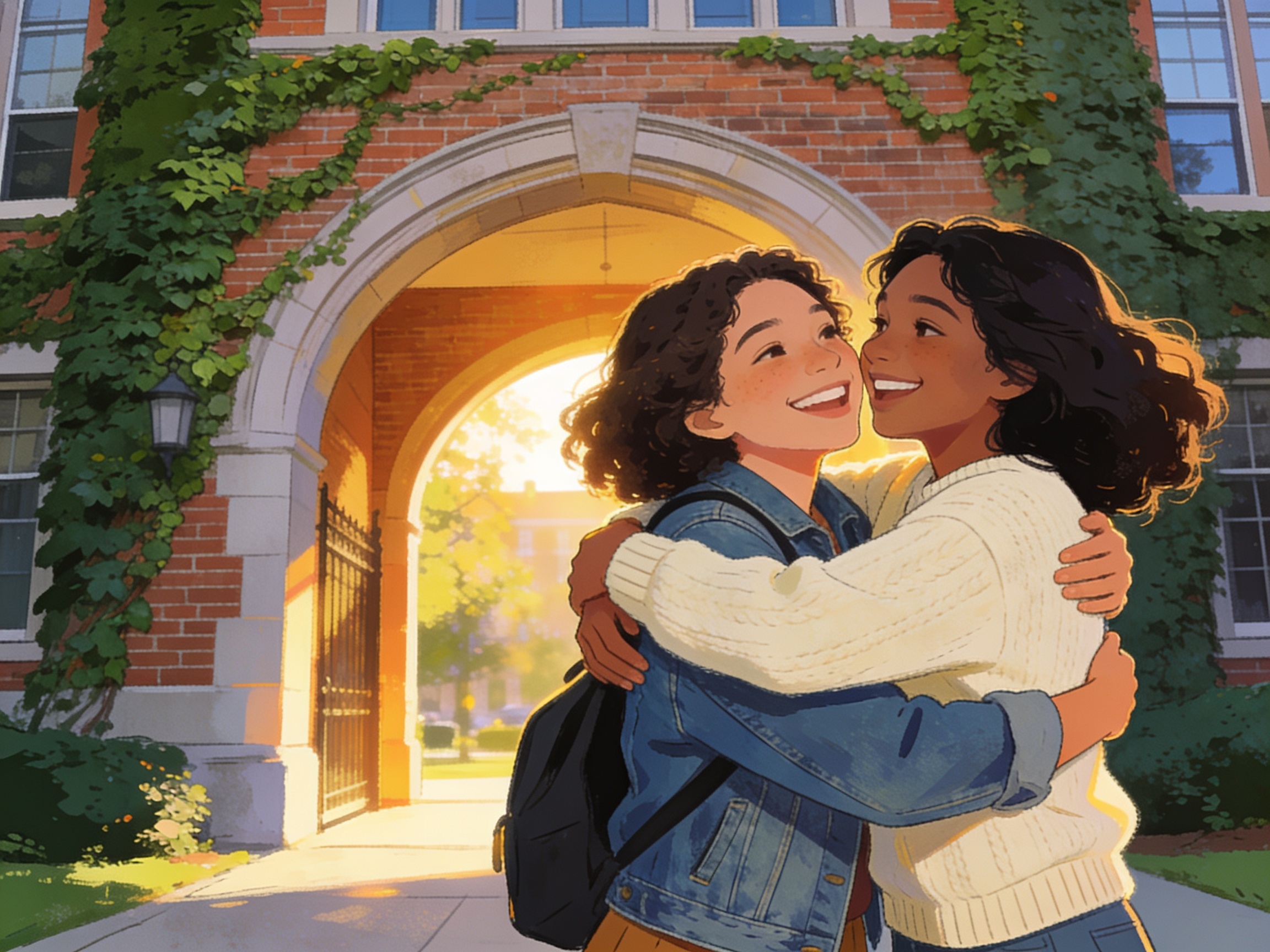cinematic editorial illustration of two friends meeting up and hugging outside a college entrance, no text