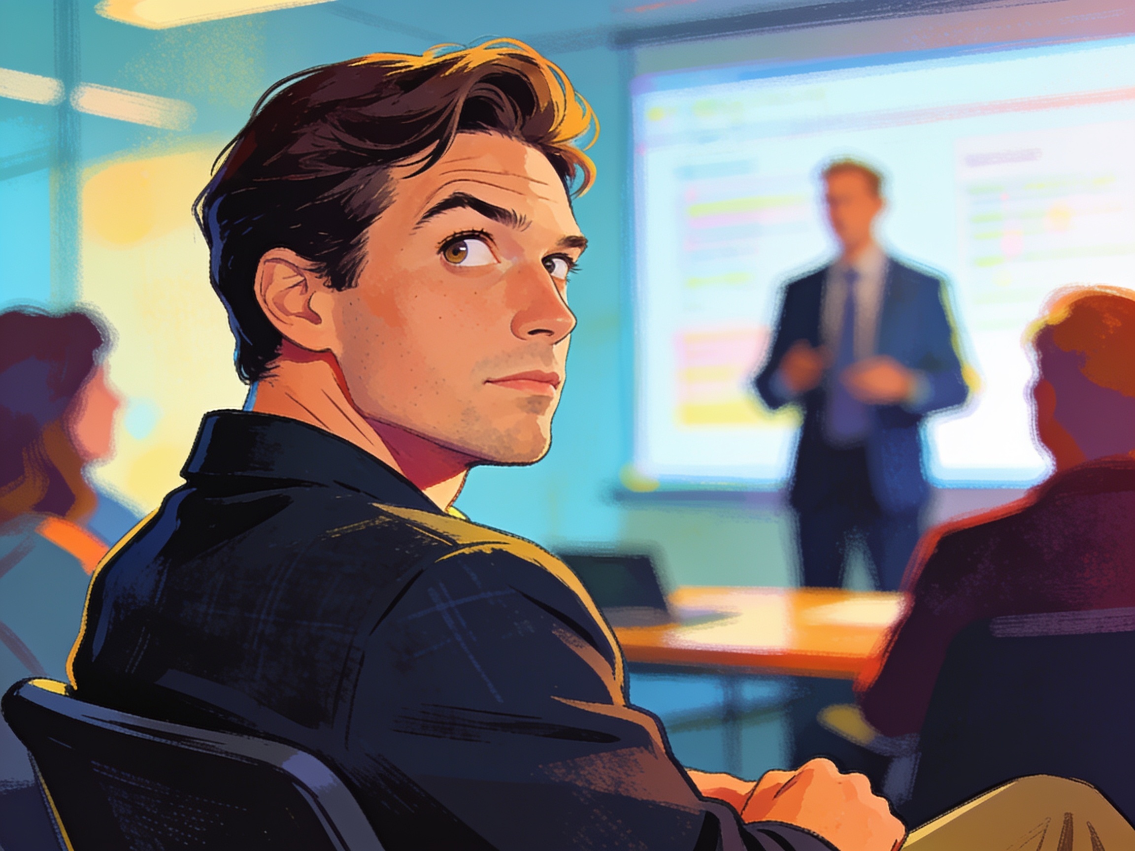 cinematic editorial illustration of a colleague raising an eyebrow slightly while listening to a presentation, no text