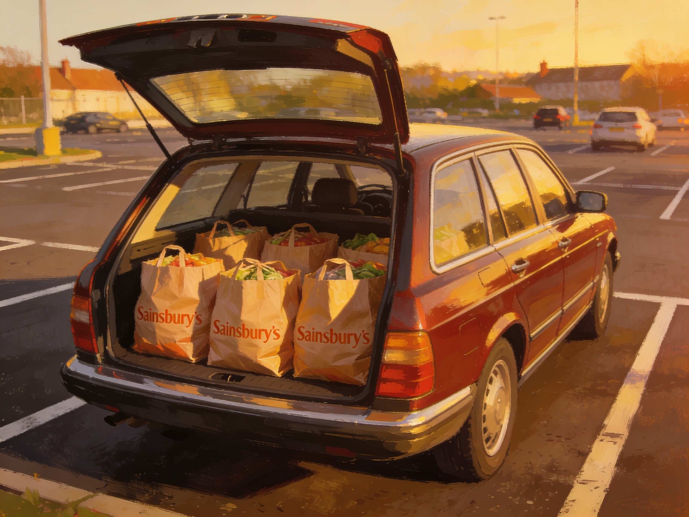 An open car boot loaded with Sainsbury's shopping bags in a British car park