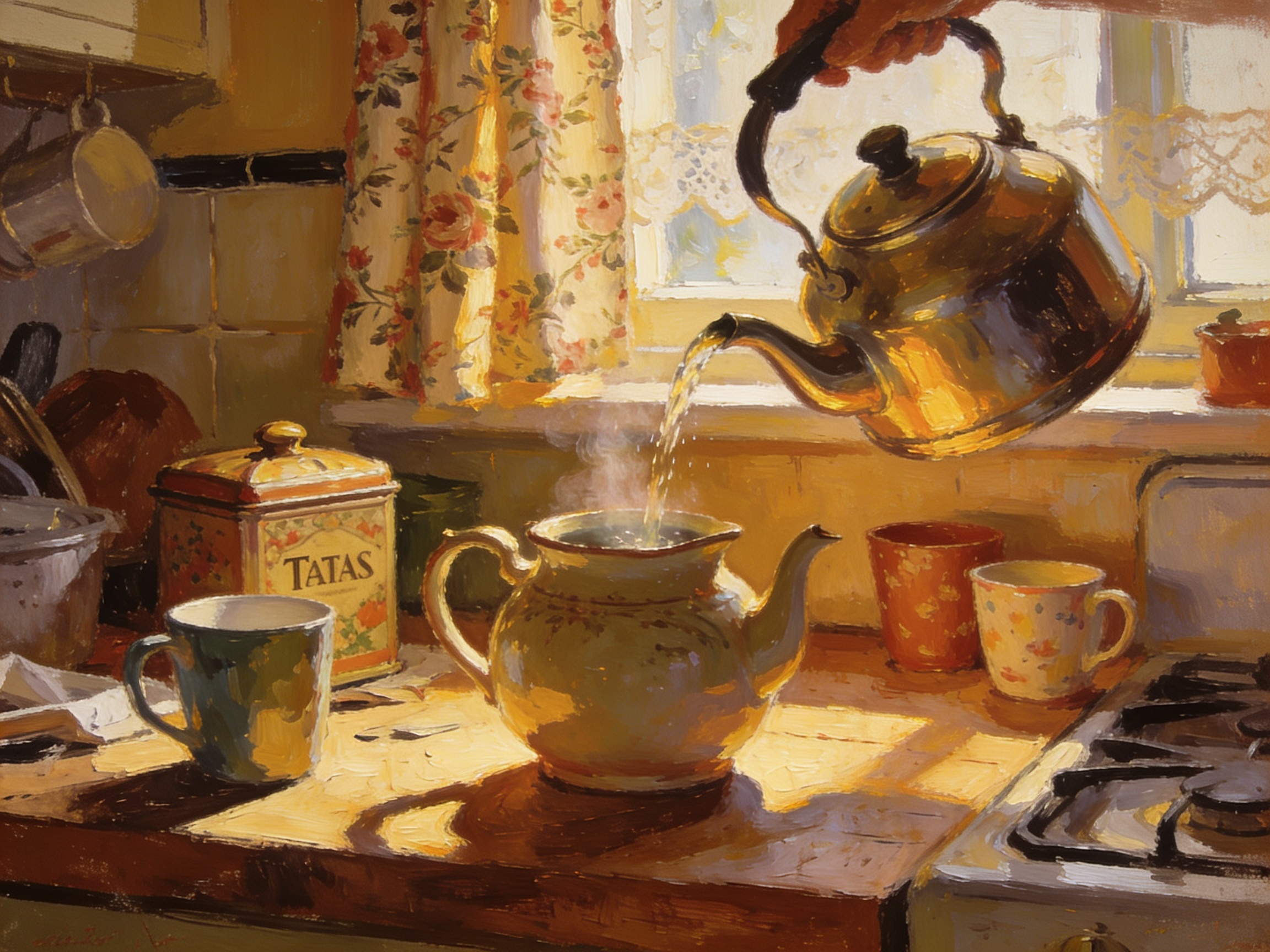 A kettle being poured into a teapot in a cluttered British kitchen