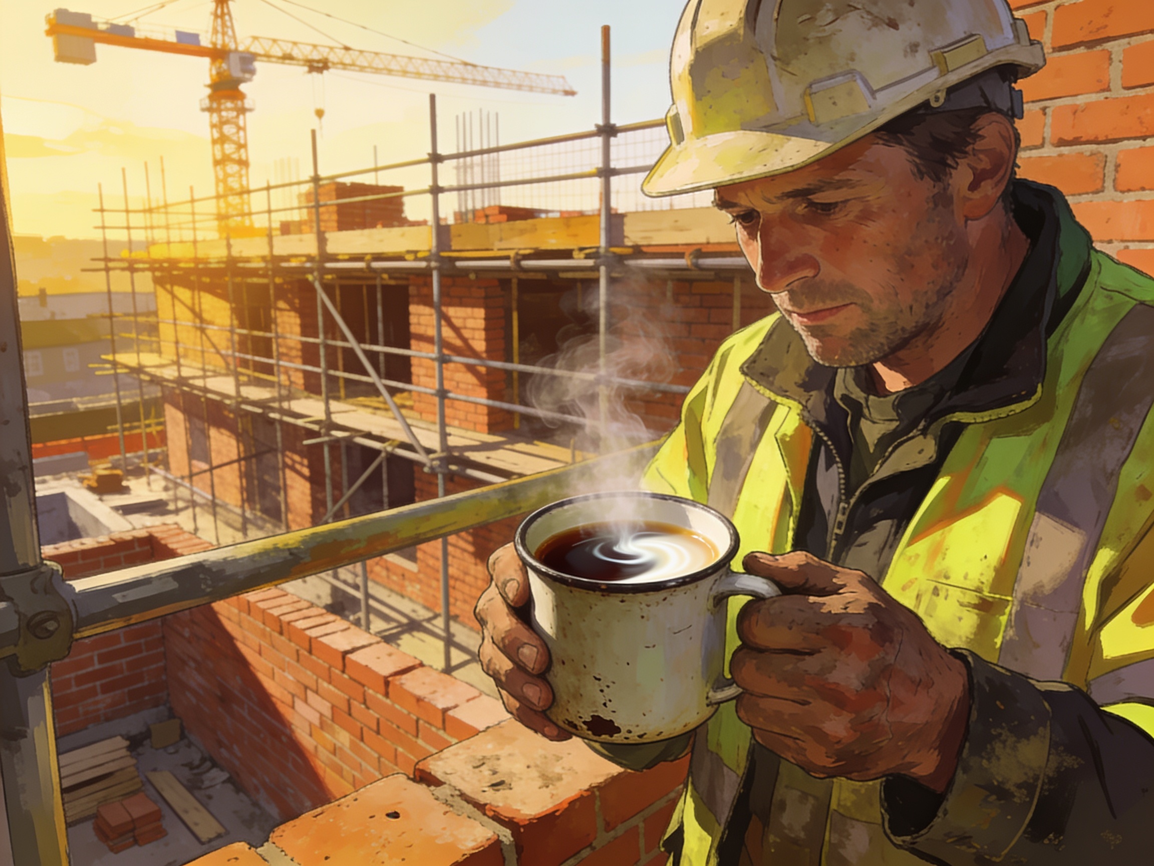 A construction worker holding a mug of strong milky tea on a UK building site