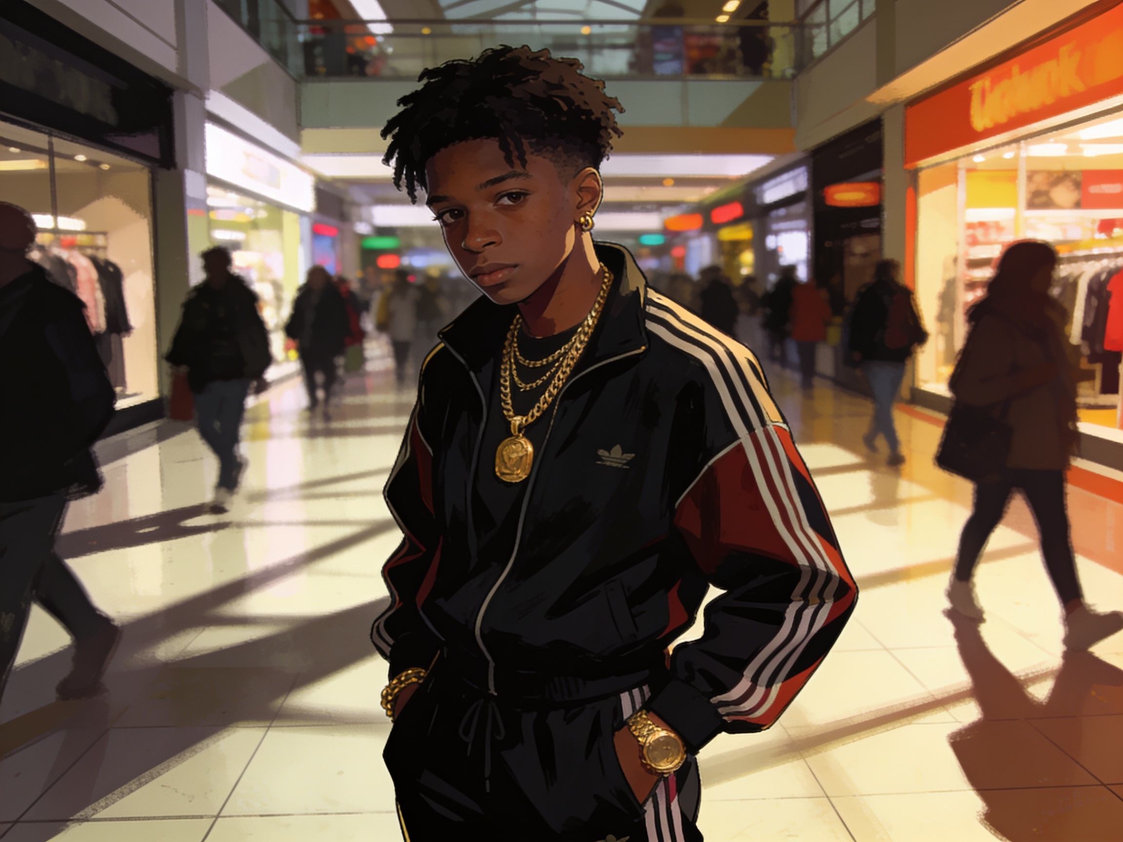 A young person in a tracksuit and gold jewellery in a shopping centre, moody light