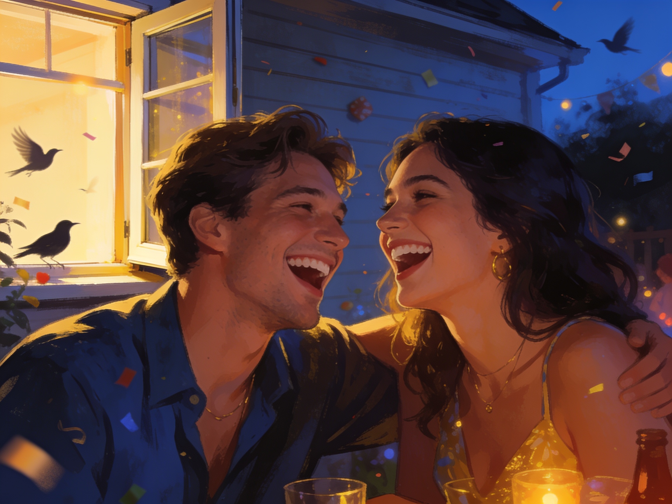 cinematic editorial illustration of two people laughing together leaning close at a house party, no text