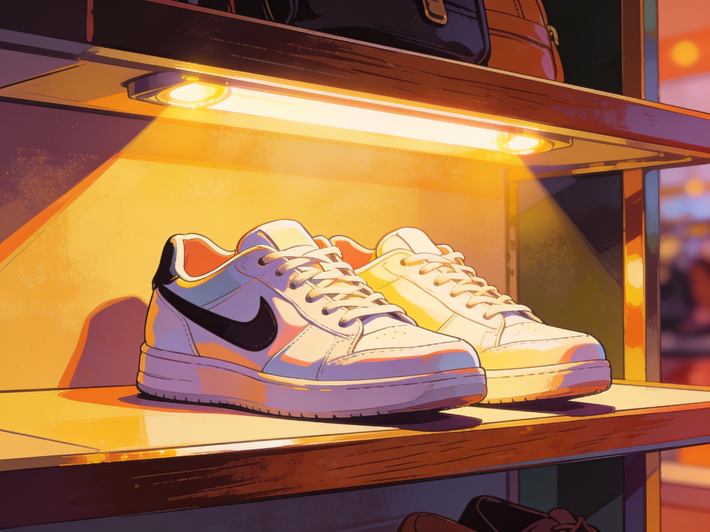 cinematic editorial illustration of a pair of bright clean trainers displayed on a shop shelf under spotlight, no text