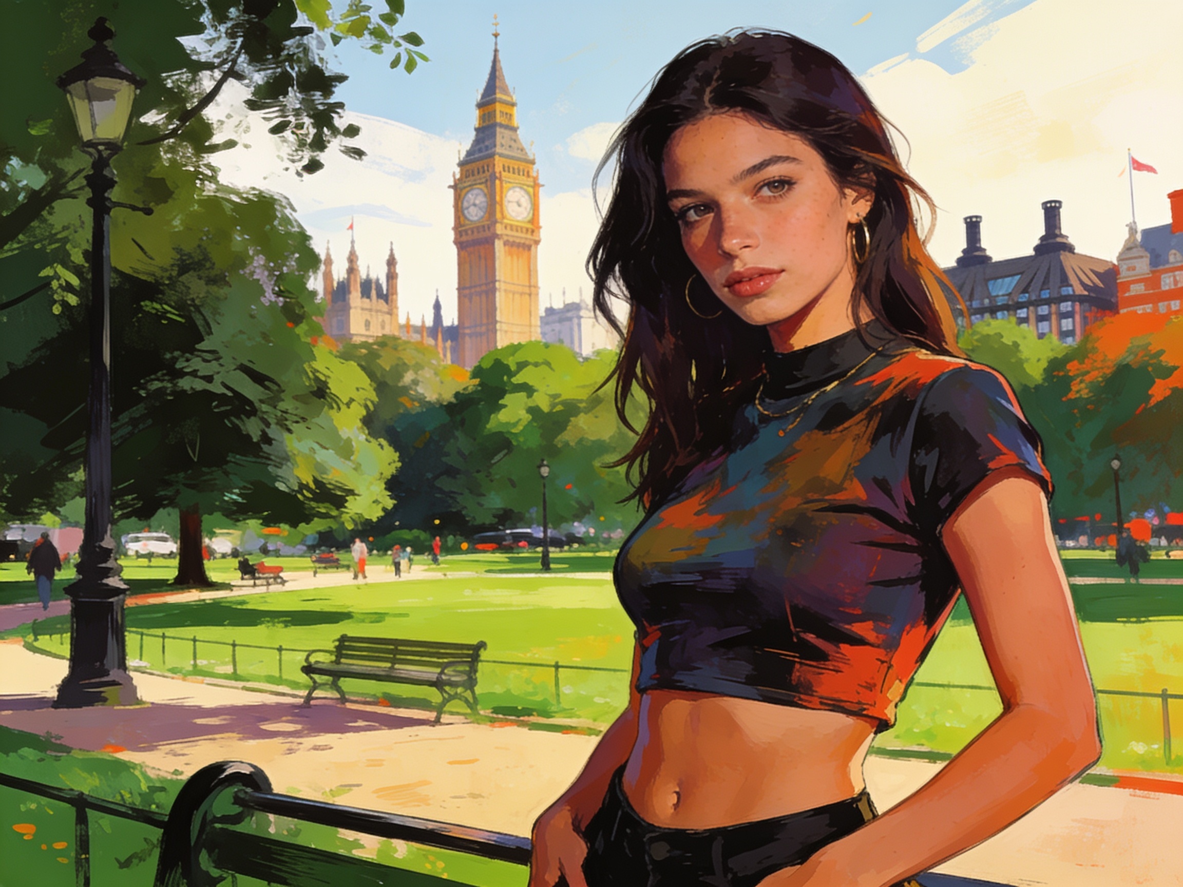 A confident young woman in a cropped top in a London park