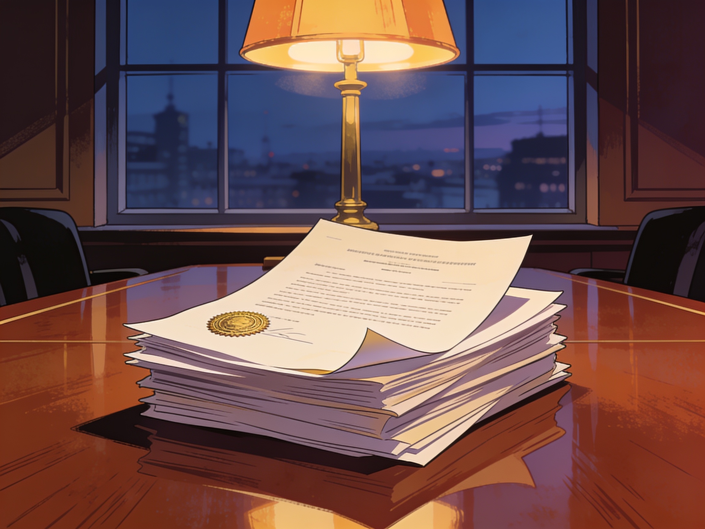 cinematic editorial illustration of a stack of official documents on a formal boardroom table, no text