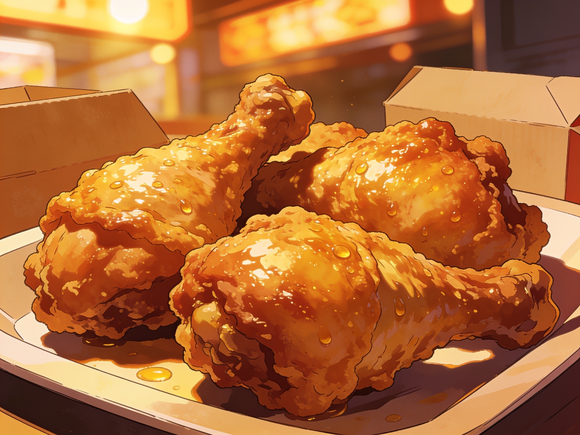cinematic editorial illustration of a plate of glistening fried chicken under warm takeaway-shop lighting, no text