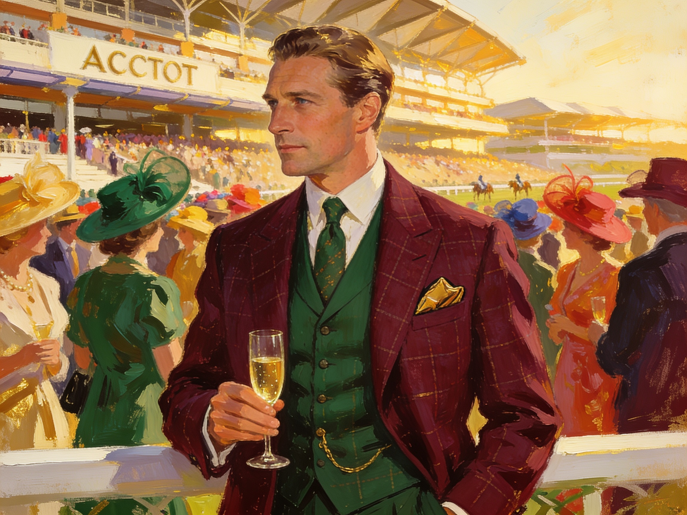 A dapper aristocrat in tweed at Ascot with a champagne flute