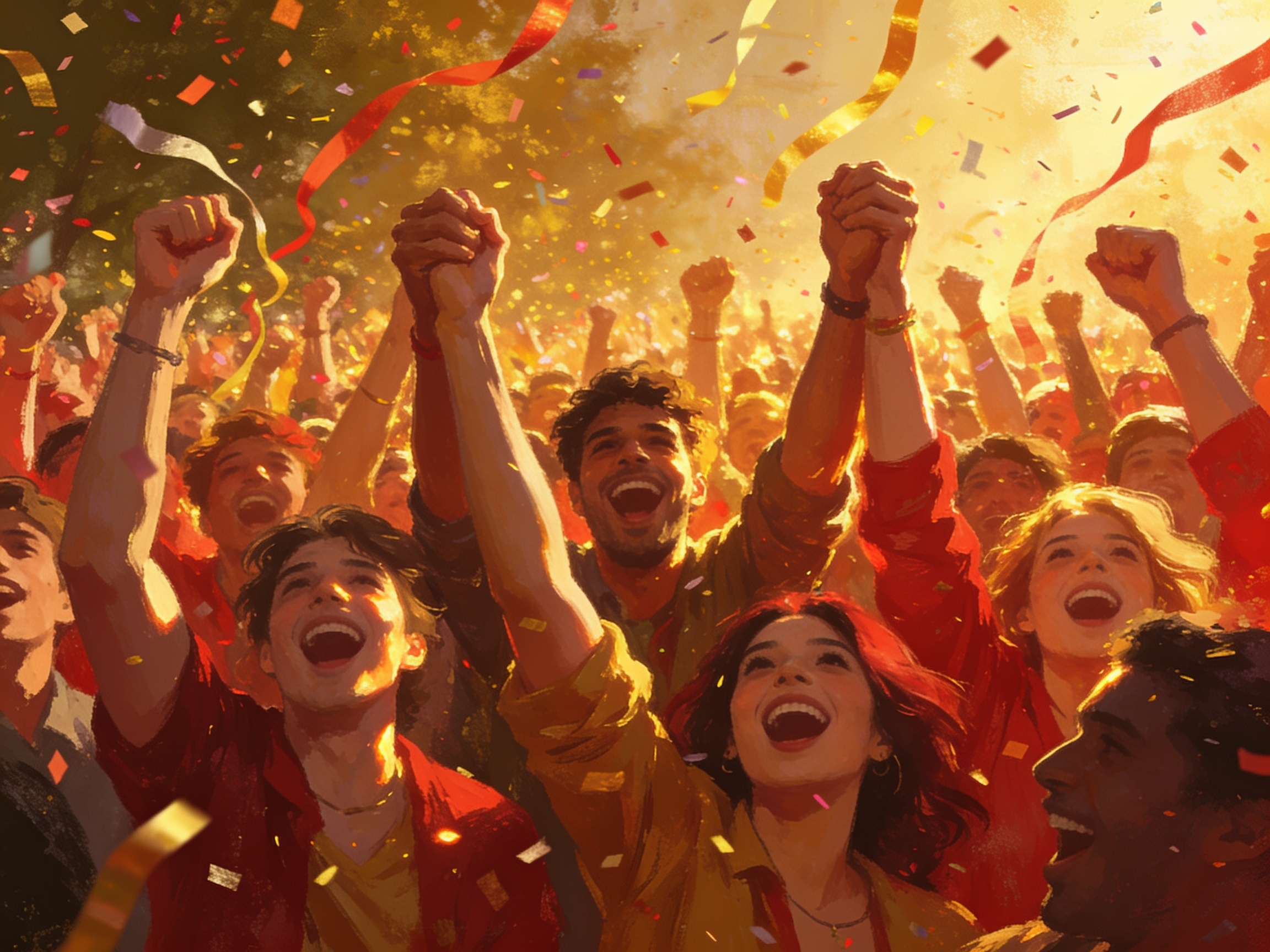 cinematic editorial illustration of a crowd raising their arms together at a jubilant outdoor celebration, no text