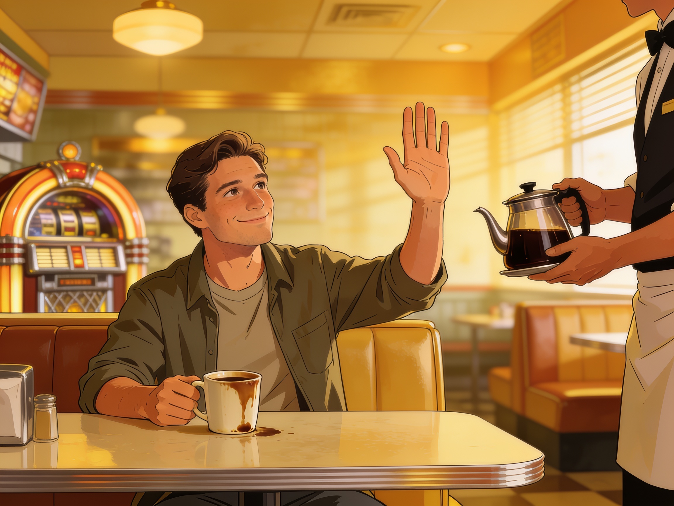 cinematic editorial illustration of a diner customer politely waving off a coffee refill, no text