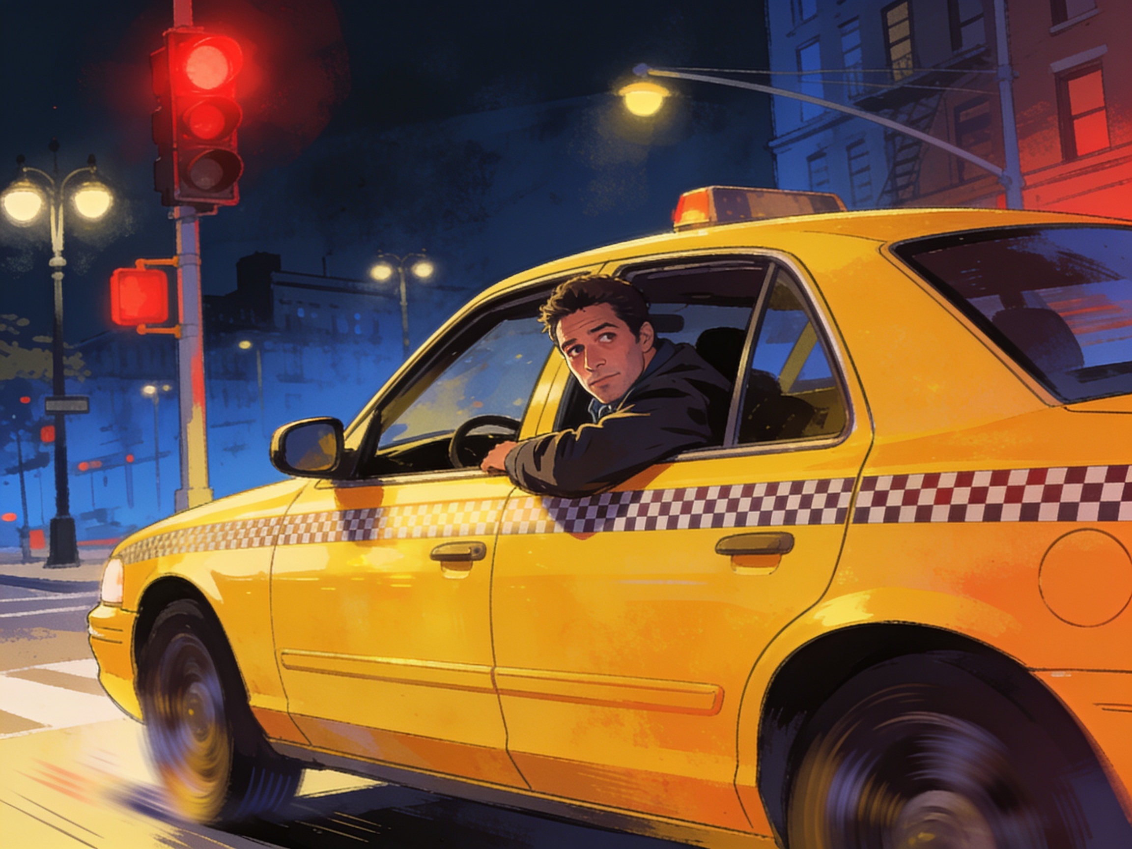 A yellow NYC cab with driver leaning out the window at a red light