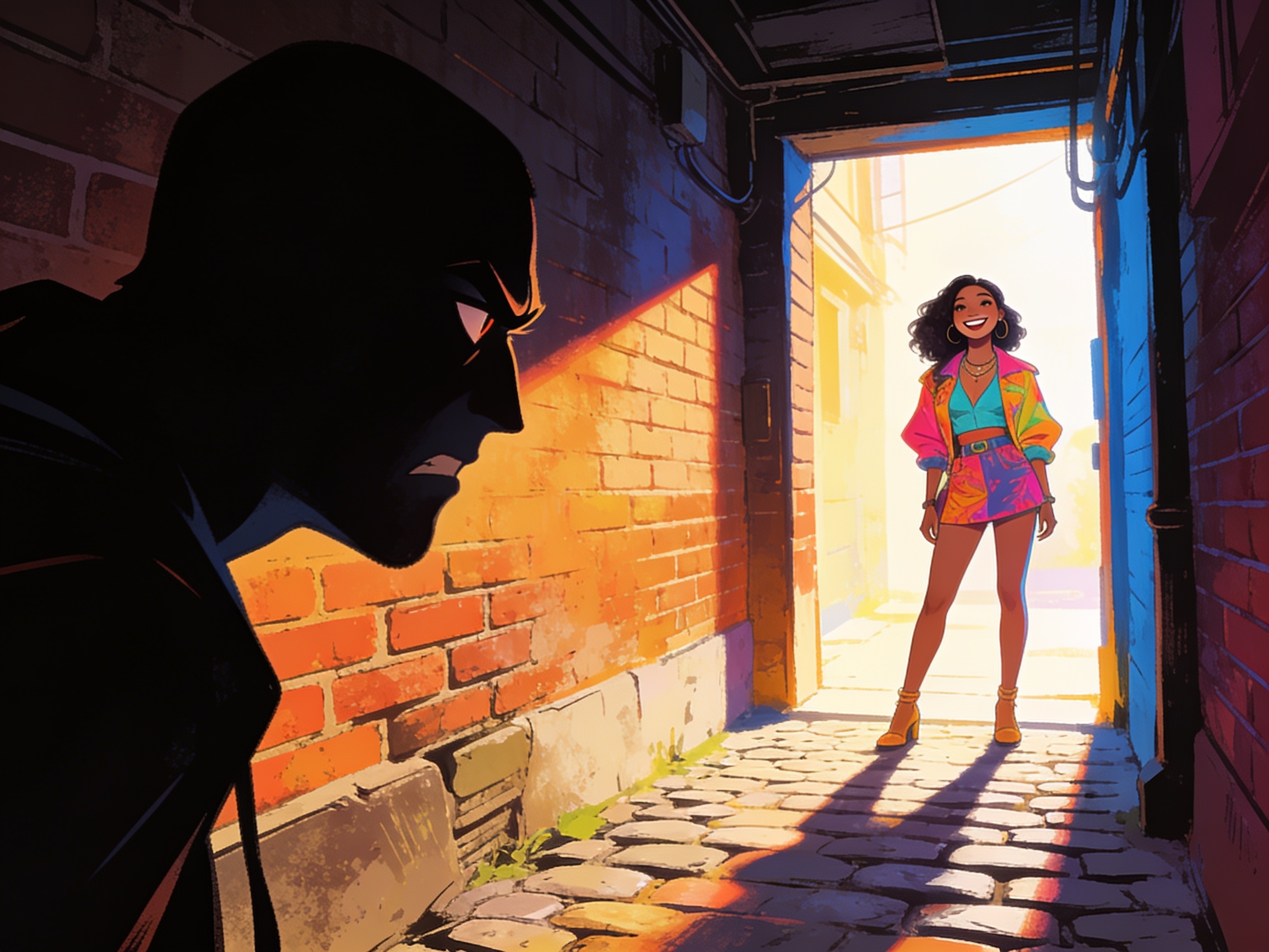 A shadowy figure scowling from an alley at a happy influencer