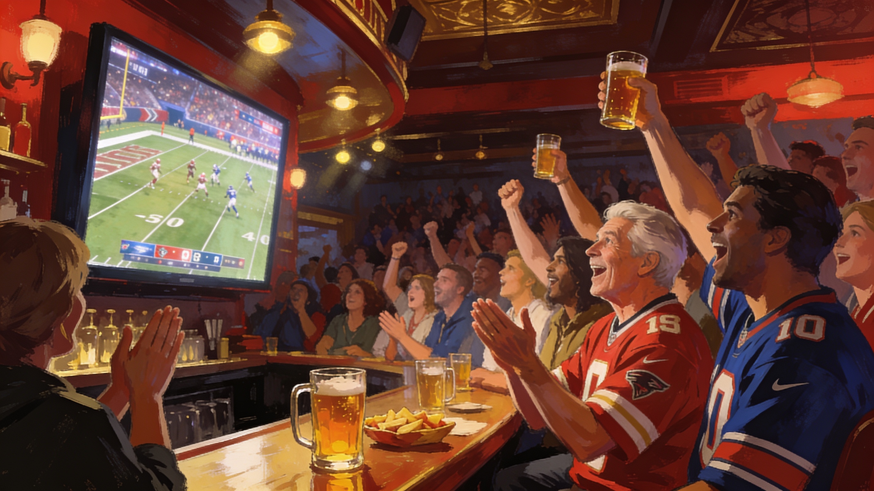 cinematic editorial illustration of a packed sports bar crowd cheering at a football game on TV, no text