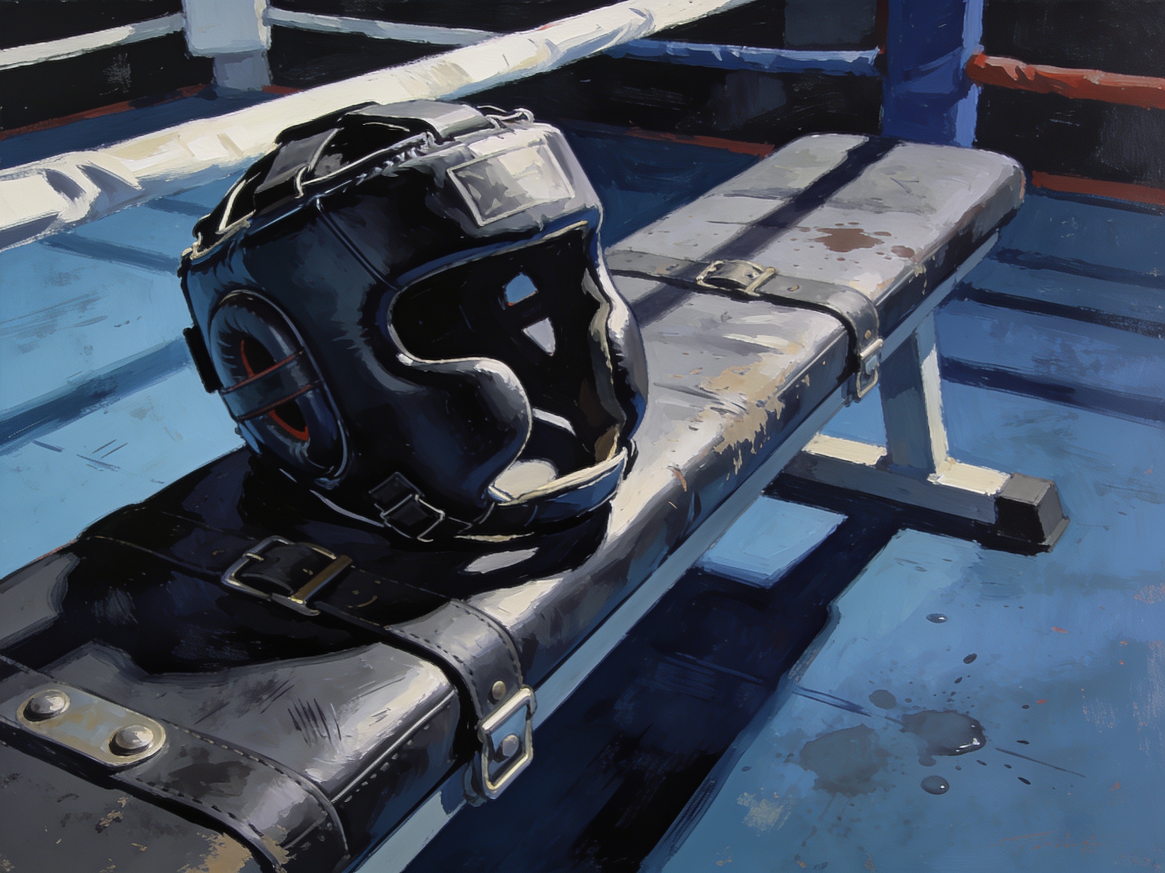 cinematic editorial illustration of a boxing headgear resting on a gym bench under harsh light, no text