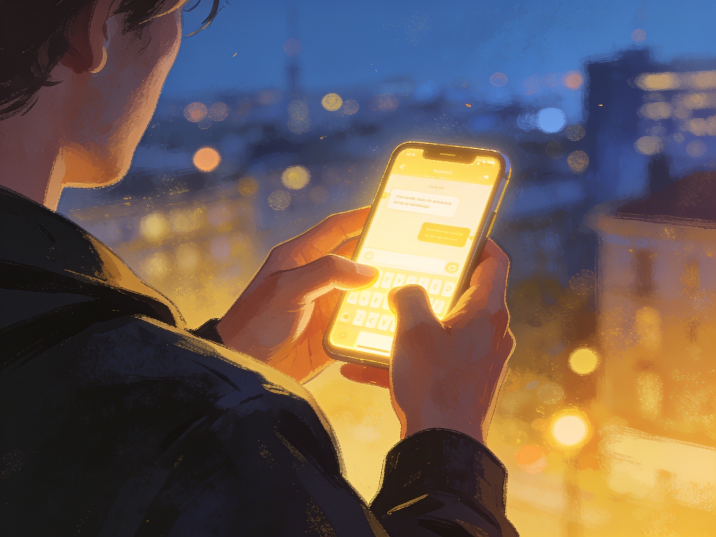 cinematic editorial illustration over the shoulder of someone holding a glowing smartphone, thumbs typing a message, blurred urban background, no text, no watermark