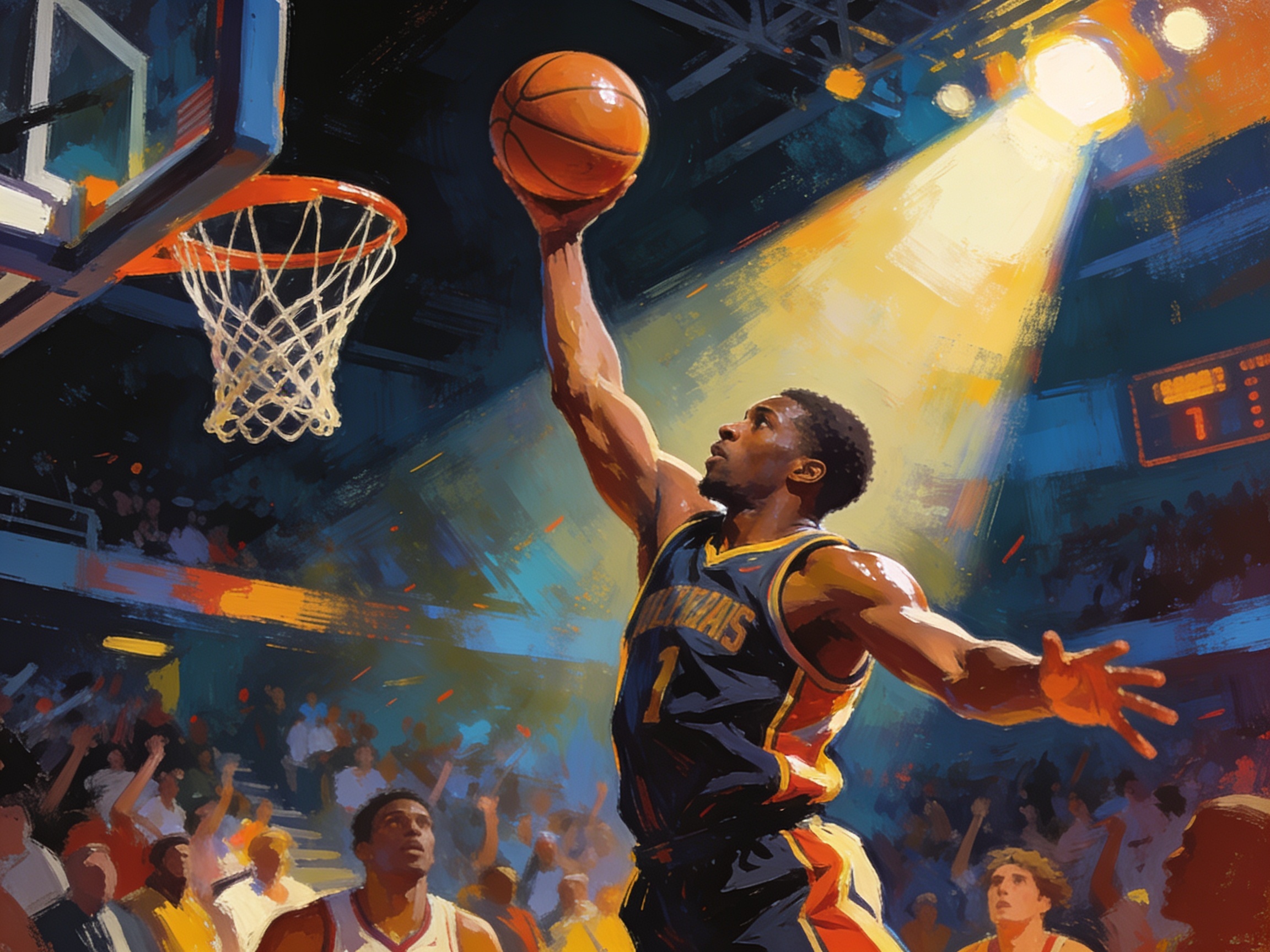 A basketball player making a buzzer-beater shot, spotlight, crowd blur