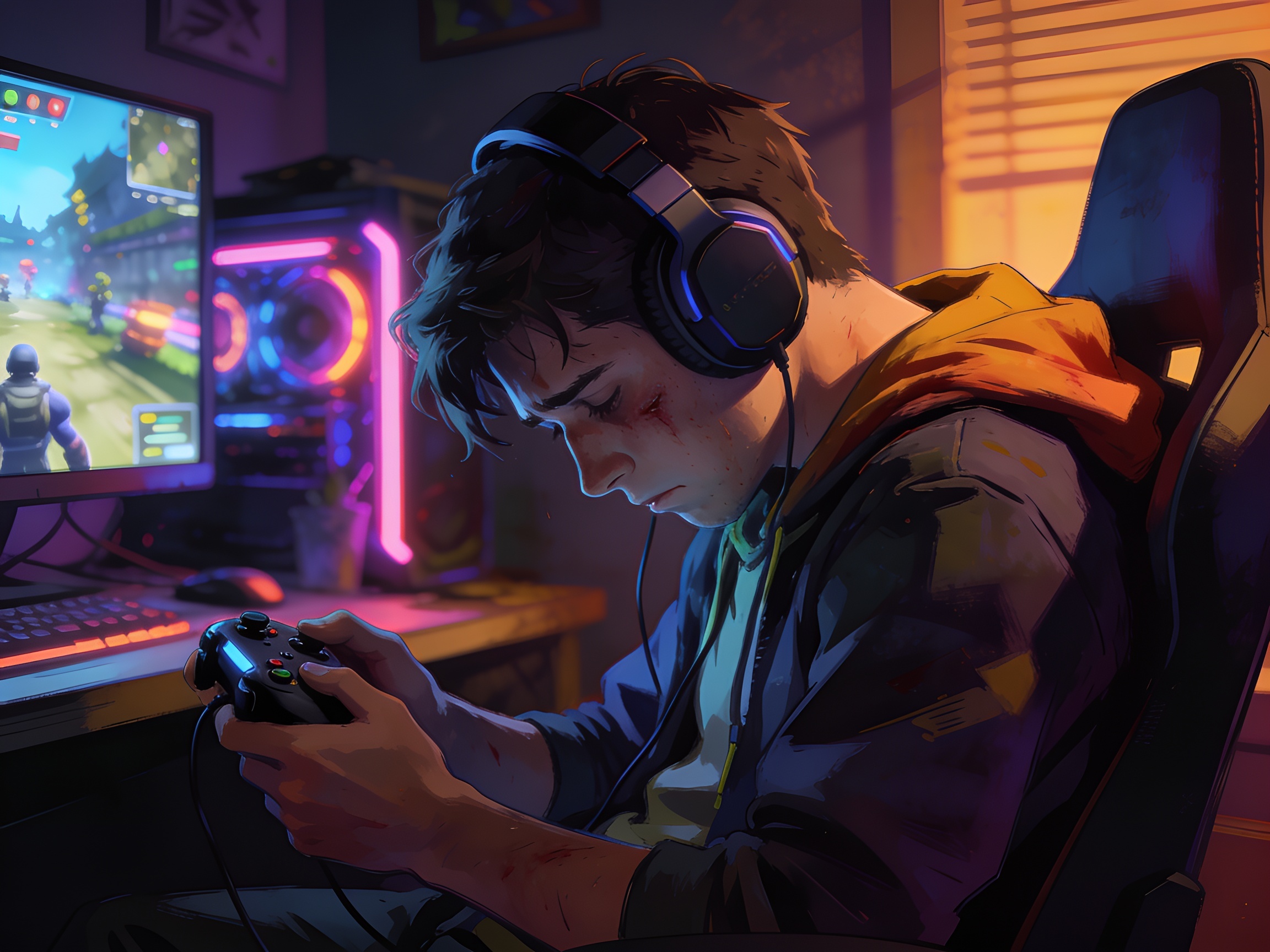 A defeated Fortnite player sinking into a chair
